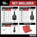 NEIKO 10282B 13 Piece Security Torx Socket Bit Set, 6 Point Heavy Duty Tamperproof Impact Grade Star Bit Set Torx, Safety Torx Bit Set, Tamper Proof Torx Bit Set, Torx Tool Set, Torx Socket Set
