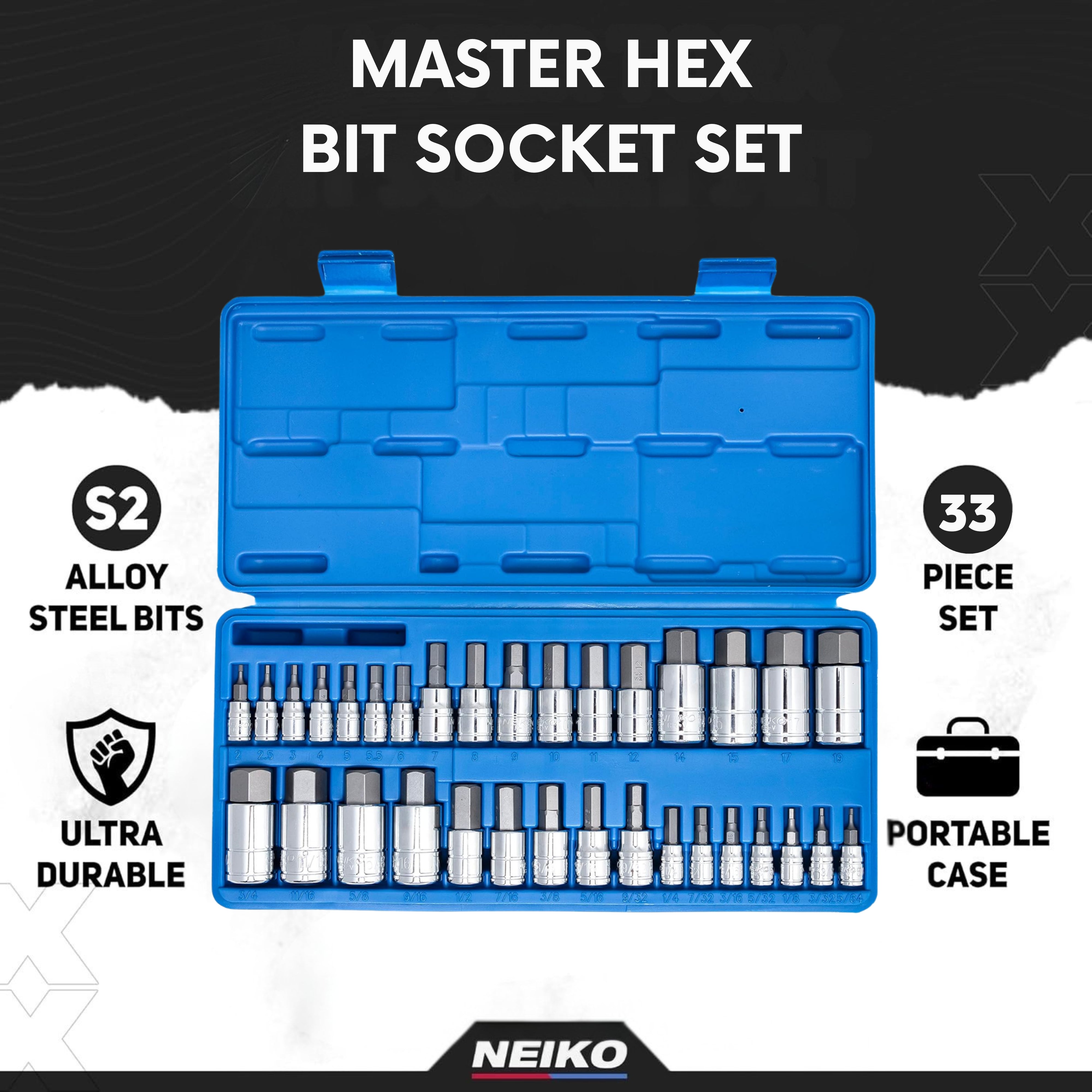 Master Allen Hex Bit Socket Set – SAE & Metric, S2 Steel (33-Piece)