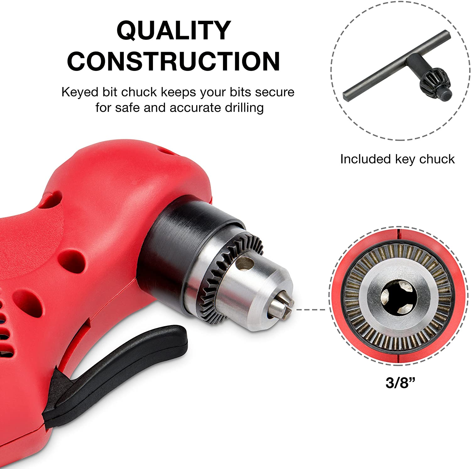 3/8" Right Angle Drill, 55-Degree Angle Close Quarter Corded Drill