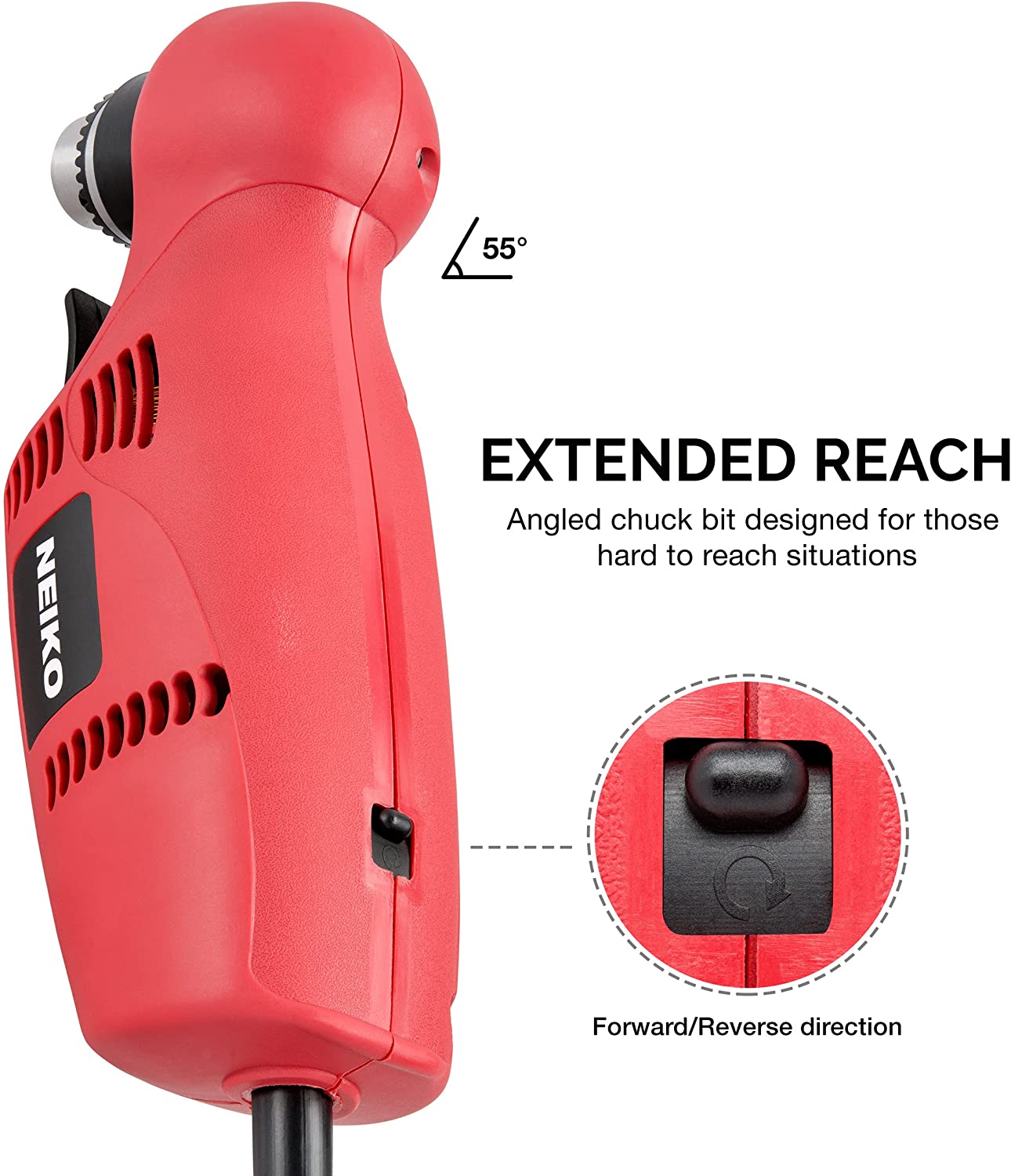 3/8" Right Angle Drill, 55-Degree Angle Close Quarter Corded Drill