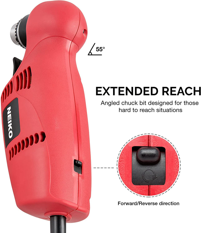 NEIKO 10529A 3/8" Right Angle Drill, 55-Degree Angle Close Quarter Corded Drill, Variable Speed Power Drill (0-1400 RPM), 120 Volt, Spin Key, Angle Grip
