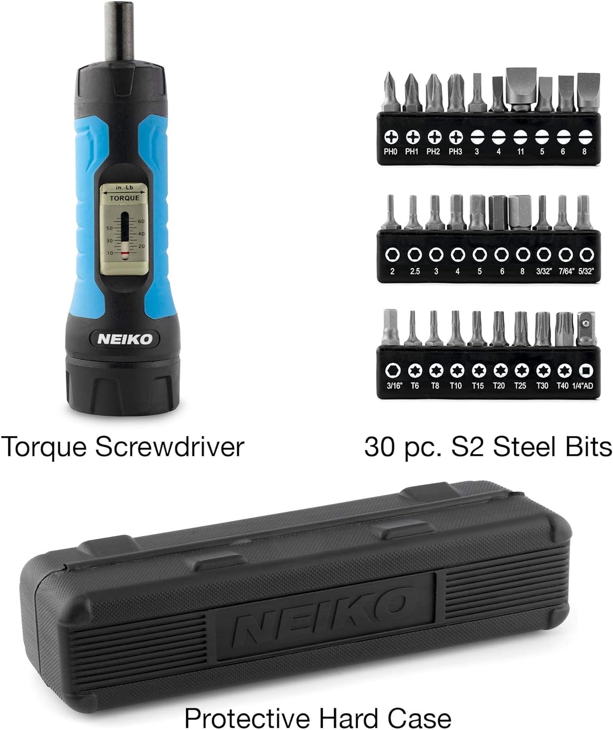 1/4” Drive Torque Wrench Screwdriver Set of S2 Steel Philips, Hex, Slotted, & Torx Bits (30-Piece)