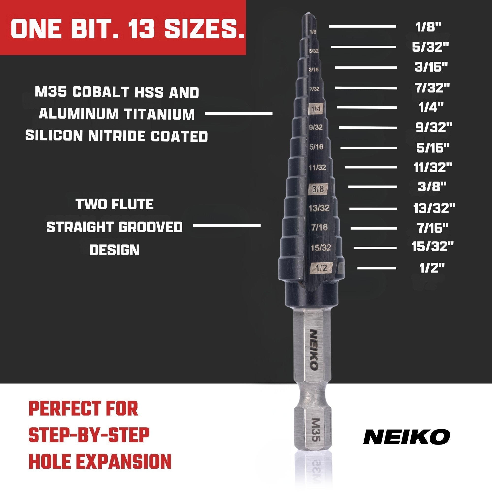 NEIKO 10601B Step Drill Bit, 13 Steps 1/8" to 1/2" Straight M35 Cobalt, AlTiSiN Coated, 1/4" Quick Change Step Bits for Steel, Metal, Wood, Plastic, Unibit Cone Drill Bits, Two Flute