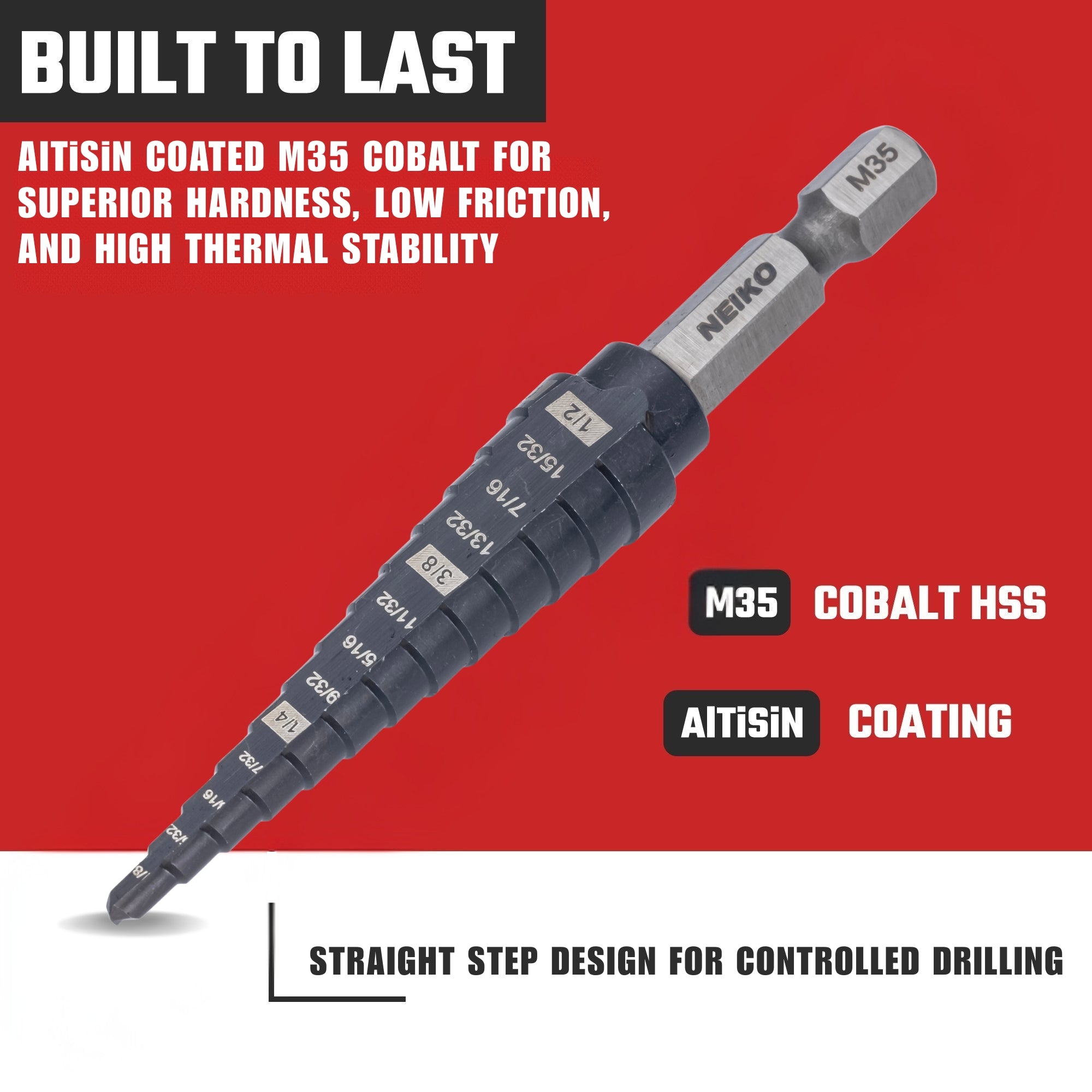 NEIKO 10601B Step Drill Bit, 13 Steps 1/8" to 1/2" Straight M35 Cobalt, AlTiSiN Coated, 1/4" Quick Change Step Bits for Steel, Metal, Wood, Plastic, Unibit Cone Drill Bits, Two Flute