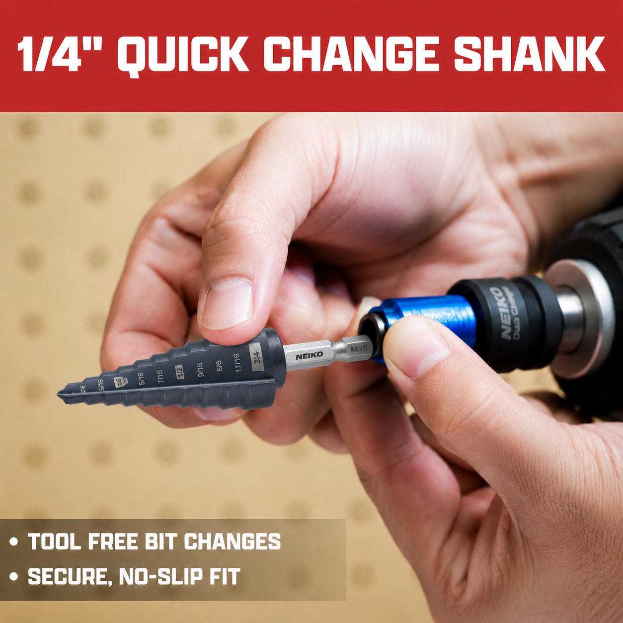NEIKO 10601B Step Drill Bit, 13 Steps 1/8" to 1/2" Straight M35 Cobalt, AlTiSiN Coated, 1/4" Quick Change Step Bits for Steel, Metal, Wood, Plastic, Unibit Cone Drill Bits, Two Flute