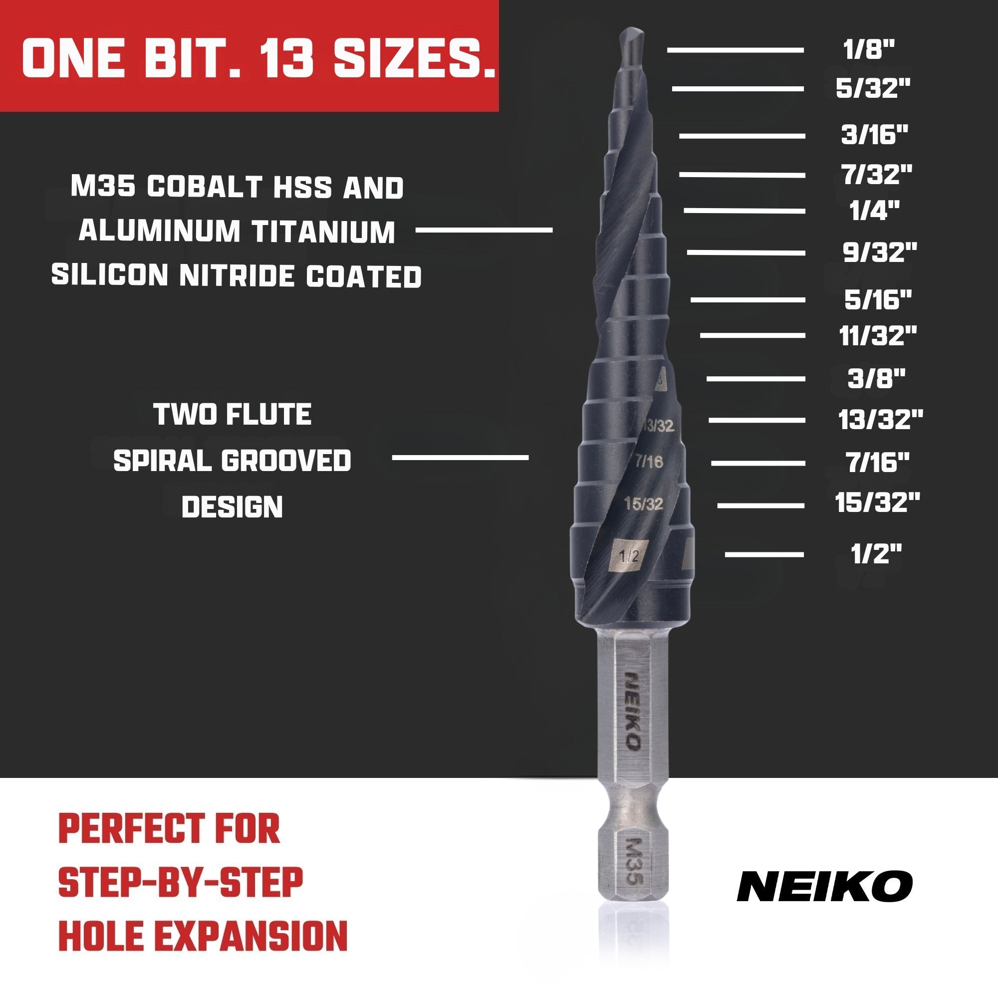 NEIKO 10602B Step Drill Bit, 13 Steps 1/8" to 1/2" Spiral M35 Cobalt, AlTiSiN Coated, 1/4" Quick Change Step Bits for Steel, Metal, Wood, Plastic, Unibit Cone Drill Bits, Two Flute