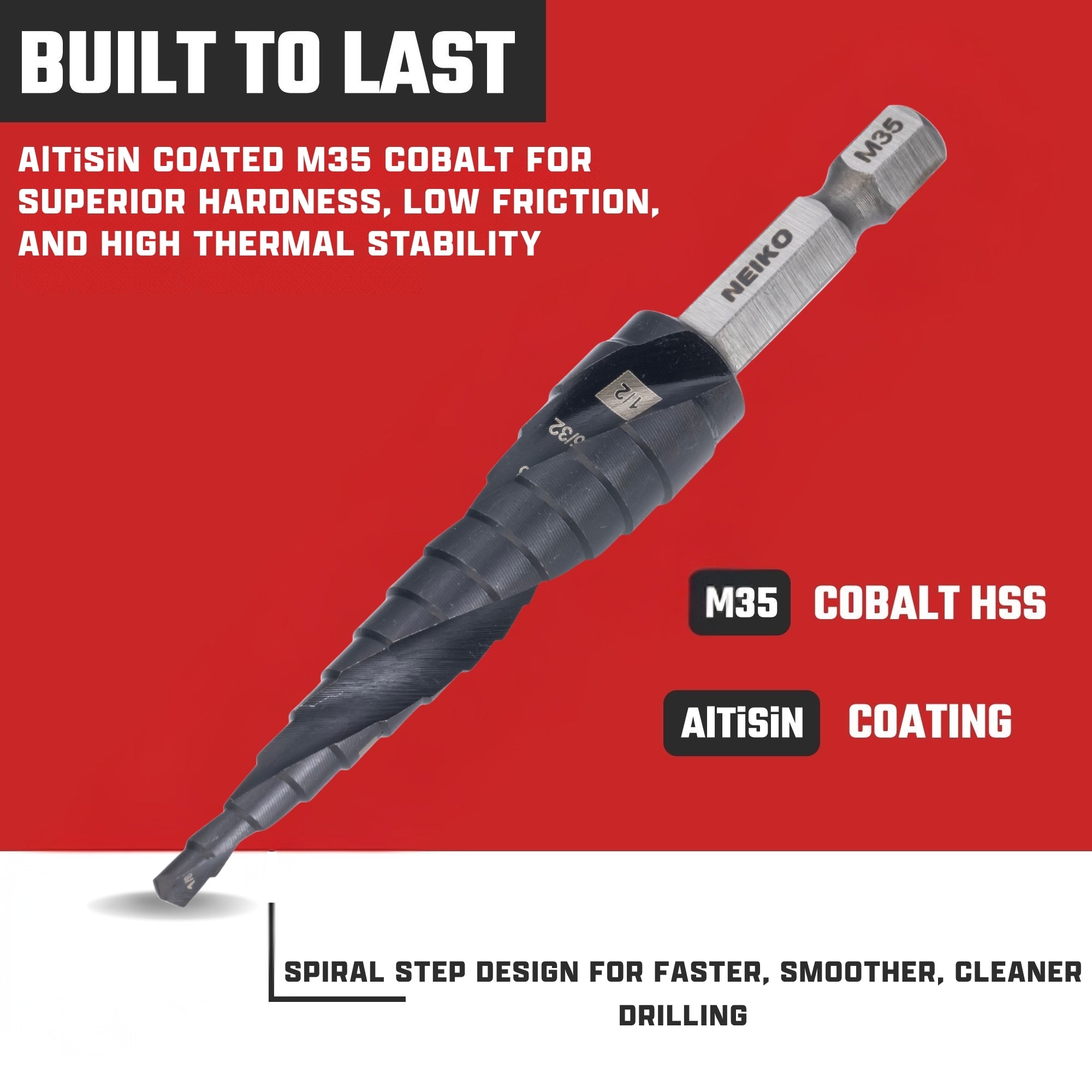 NEIKO 10602B Step Drill Bit, 13 Steps 1/8" to 1/2" Spiral M35 Cobalt, AlTiSiN Coated, 1/4" Quick Change Step Bits for Steel, Metal, Wood, Plastic, Unibit Cone Drill Bits, Two Flute
