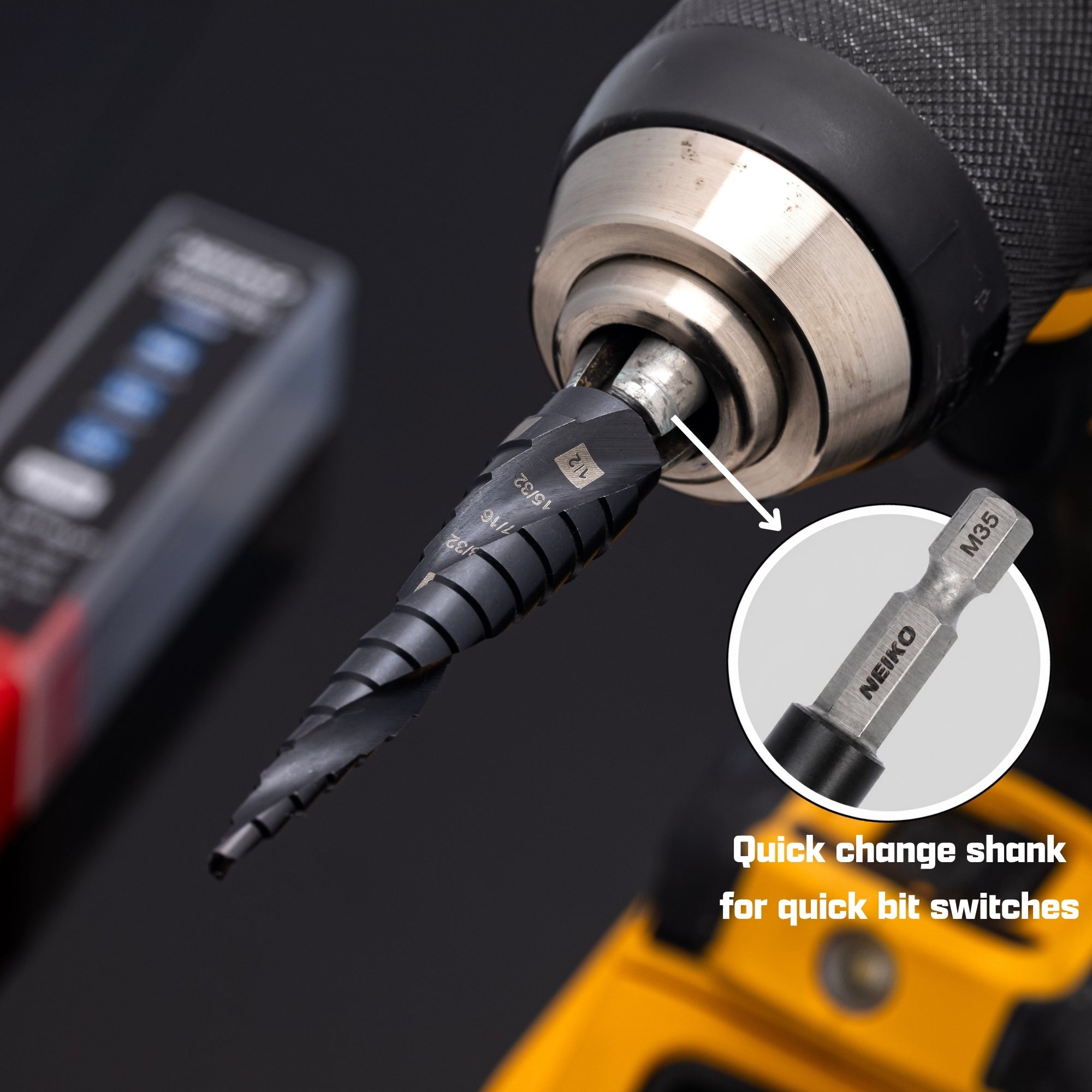 NEIKO 10602B Step Drill Bit, 13 Steps 1/8" to 1/2" Spiral M35 Cobalt, AlTiSiN Coated, 1/4" Quick Change Step Bits for Steel, Metal, Wood, Plastic, Unibit Cone Drill Bits, Two Flute
