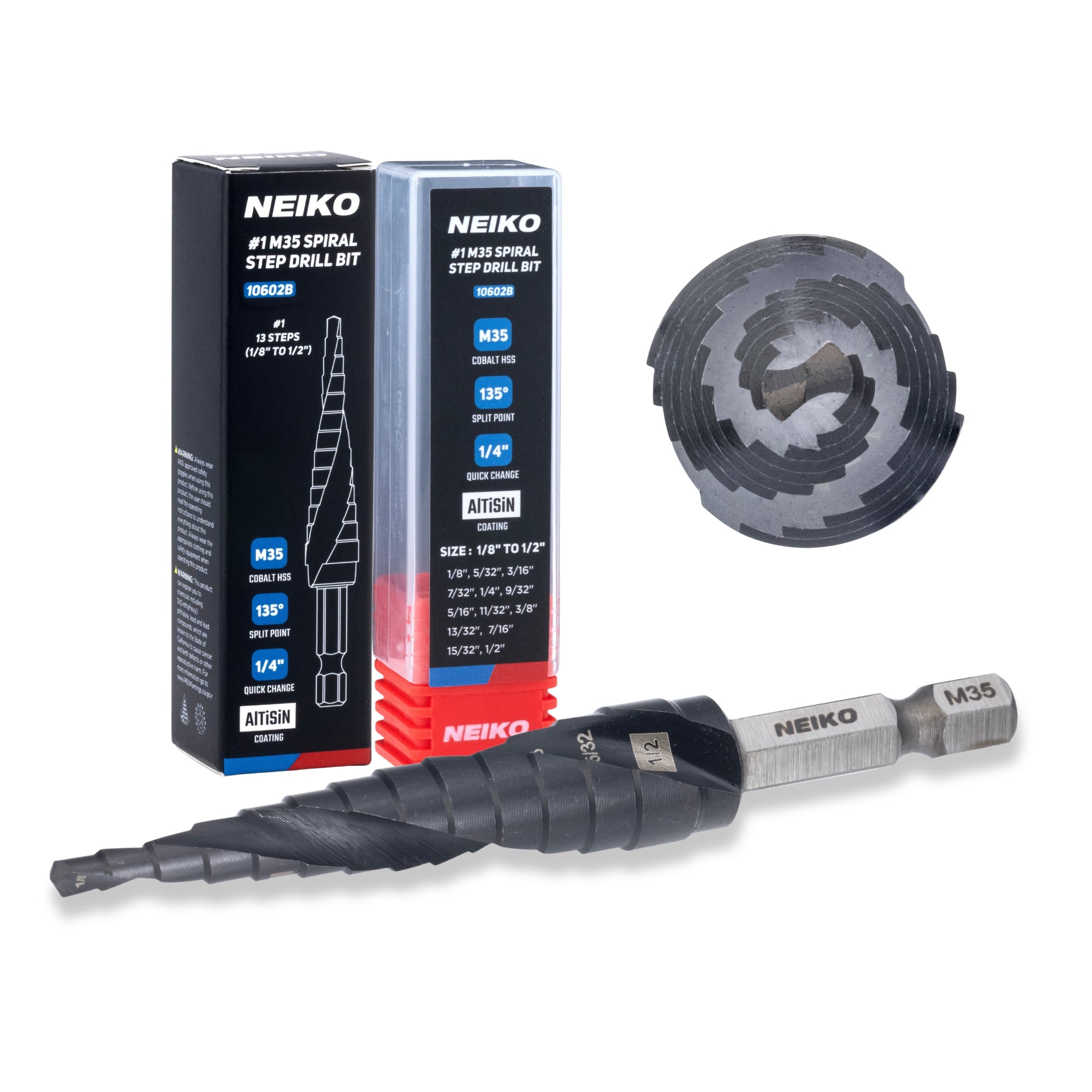 NEIKO 10602B Step Drill Bit, 13 Steps 1/8" to 1/2" Spiral M35 Cobalt, AlTiSiN Coated, 1/4" Quick Change Step Bits for Steel, Metal, Wood, Plastic, Unibit Cone Drill Bits, Two Flute