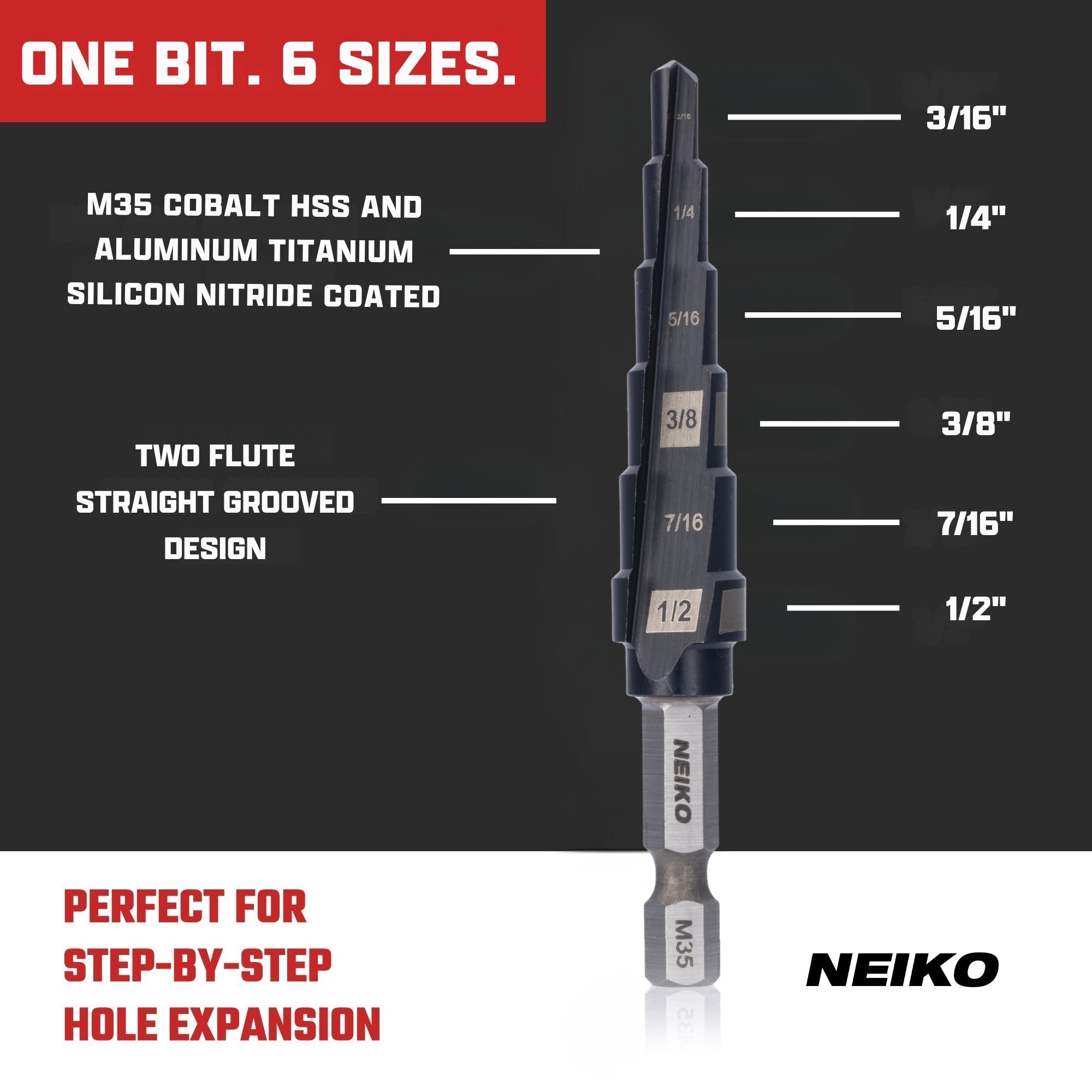 NEIKO 10604B Step Drill Bit, 6 Steps 3/16" to 1/2" Straight M35 Cobalt, AlTiSiN Coated, 1/4" Quick Change Step Bits for Steel, Metal, Wood, Plastic, Unibit Cone Drill Bits, Two Flute
