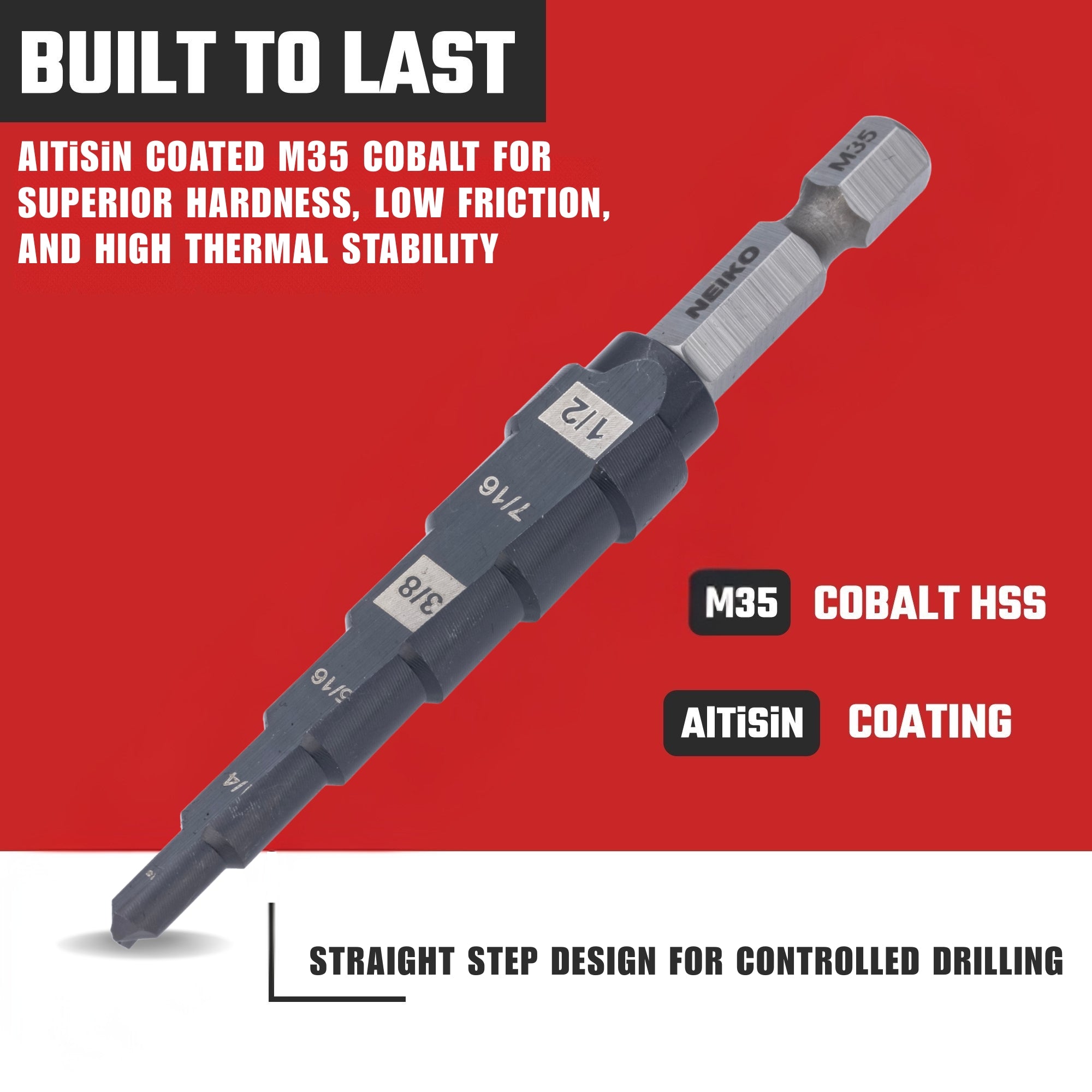 NEIKO 10604B Step Drill Bit, 6 Steps 3/16" to 1/2" Straight M35 Cobalt, AlTiSiN Coated, 1/4" Quick Change Step Bits for Steel, Metal, Wood, Plastic, Unibit Cone Drill Bits, Two Flute