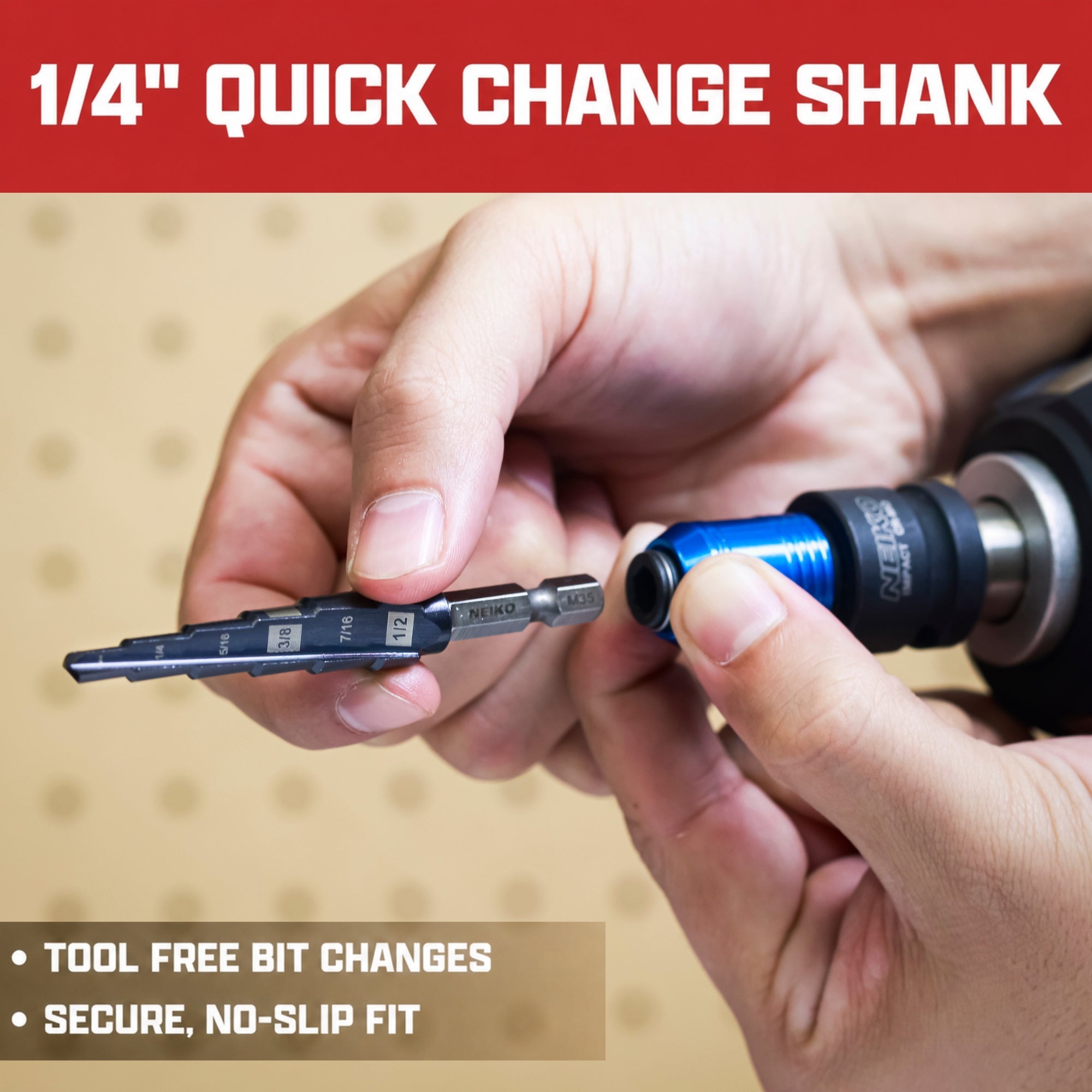 NEIKO 10604B Step Drill Bit, 6 Steps 3/16" to 1/2" Straight M35 Cobalt, AlTiSiN Coated, 1/4" Quick Change Step Bits for Steel, Metal, Wood, Plastic, Unibit Cone Drill Bits, Two Flute