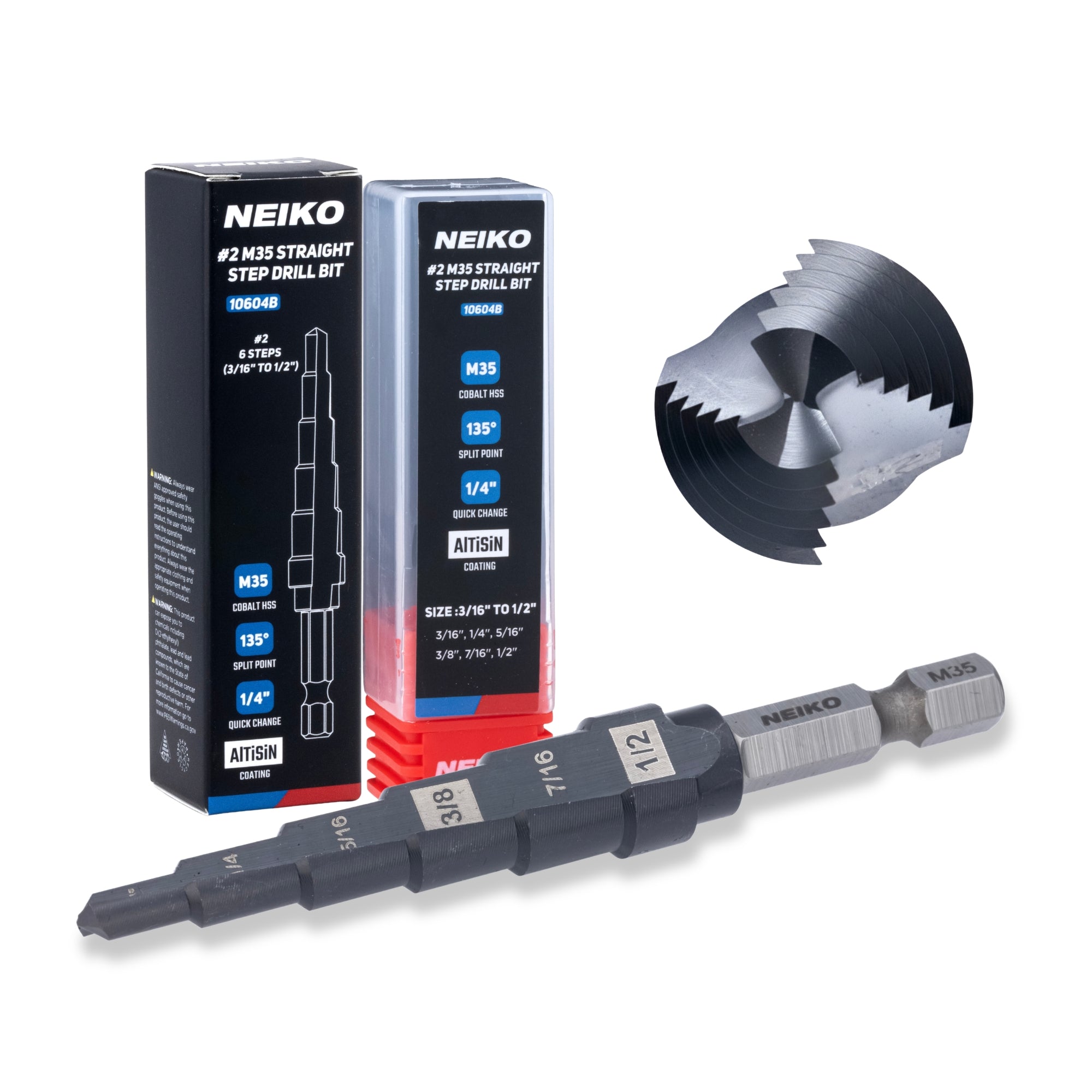 NEIKO 10604B Step Drill Bit, 6 Steps 3/16" to 1/2" Straight M35 Cobalt, AlTiSiN Coated, 1/4" Quick Change Step Bits for Steel, Metal, Wood, Plastic, Unibit Cone Drill Bits, Two Flute