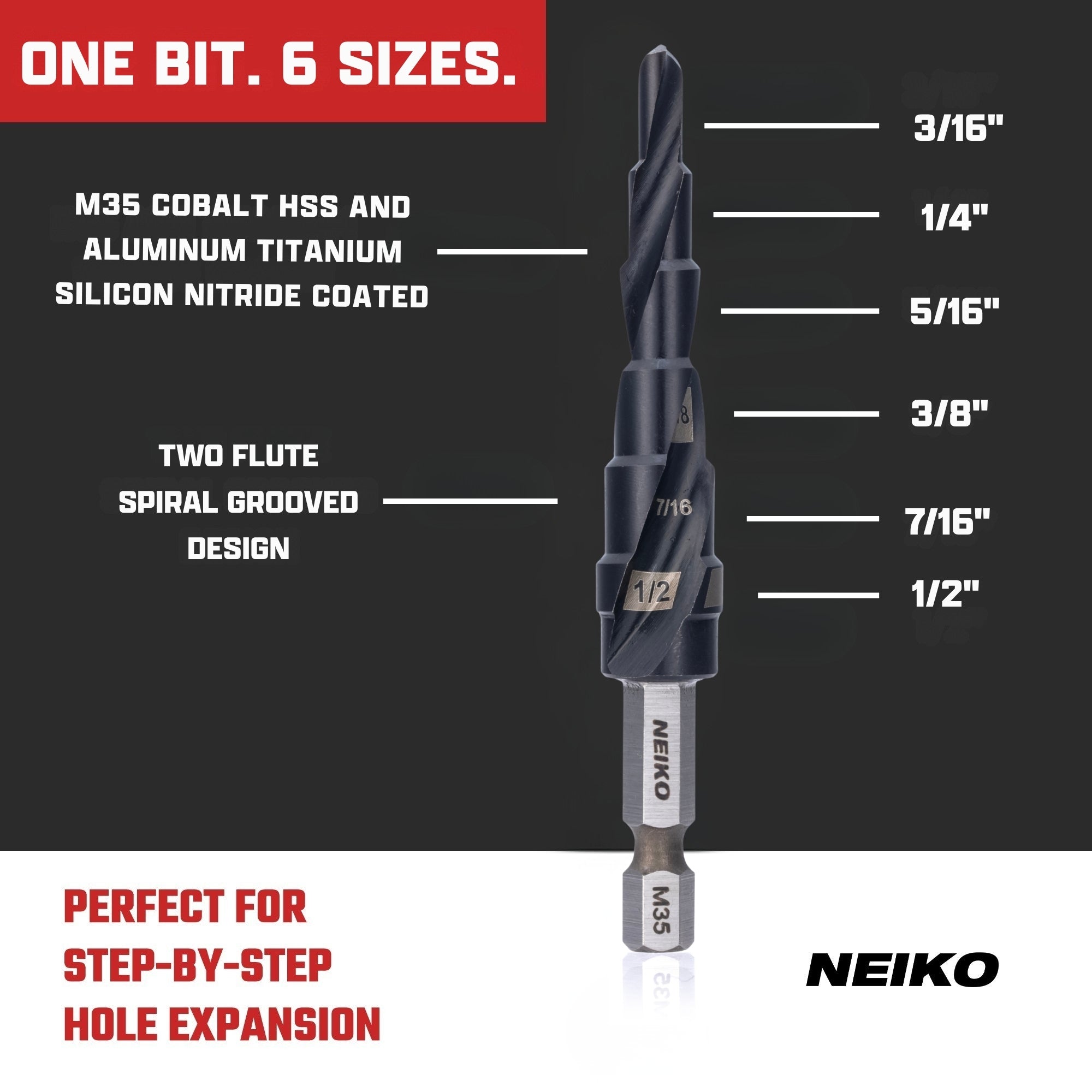 NEIKO 10605B Step Drill Bit, 6 Steps 3/16" to 1/2" Spiral M35 Cobalt, AlTiSiN Coated, 1/4" Quick Change Step Bits for Steel, Metal, Wood, Plastic, Unibit Cone Drill Bits, Two Flute