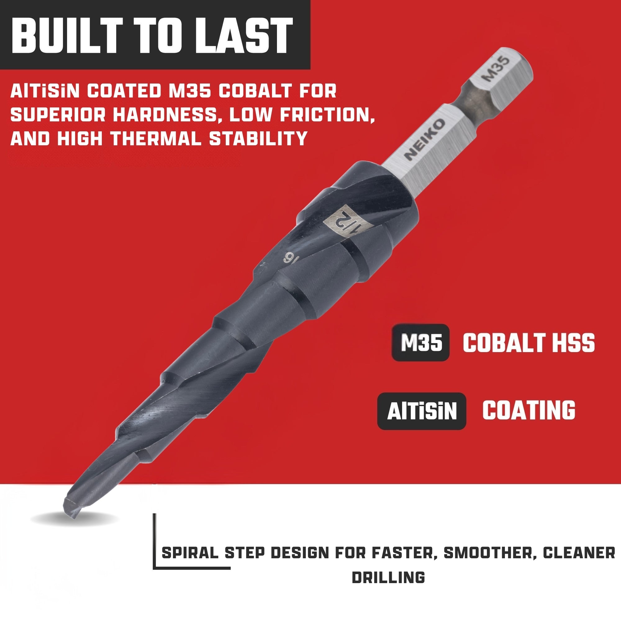 NEIKO 10605B Step Drill Bit, 6 Steps 3/16" to 1/2" Spiral M35 Cobalt, AlTiSiN Coated, 1/4" Quick Change Step Bits for Steel, Metal, Wood, Plastic, Unibit Cone Drill Bits, Two Flute