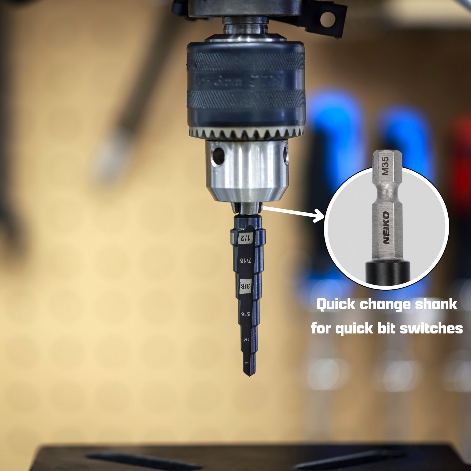 NEIKO 10605B Step Drill Bit, 6 Steps 3/16" to 1/2" Spiral M35 Cobalt, AlTiSiN Coated, 1/4" Quick Change Step Bits for Steel, Metal, Wood, Plastic, Unibit Cone Drill Bits, Two Flute