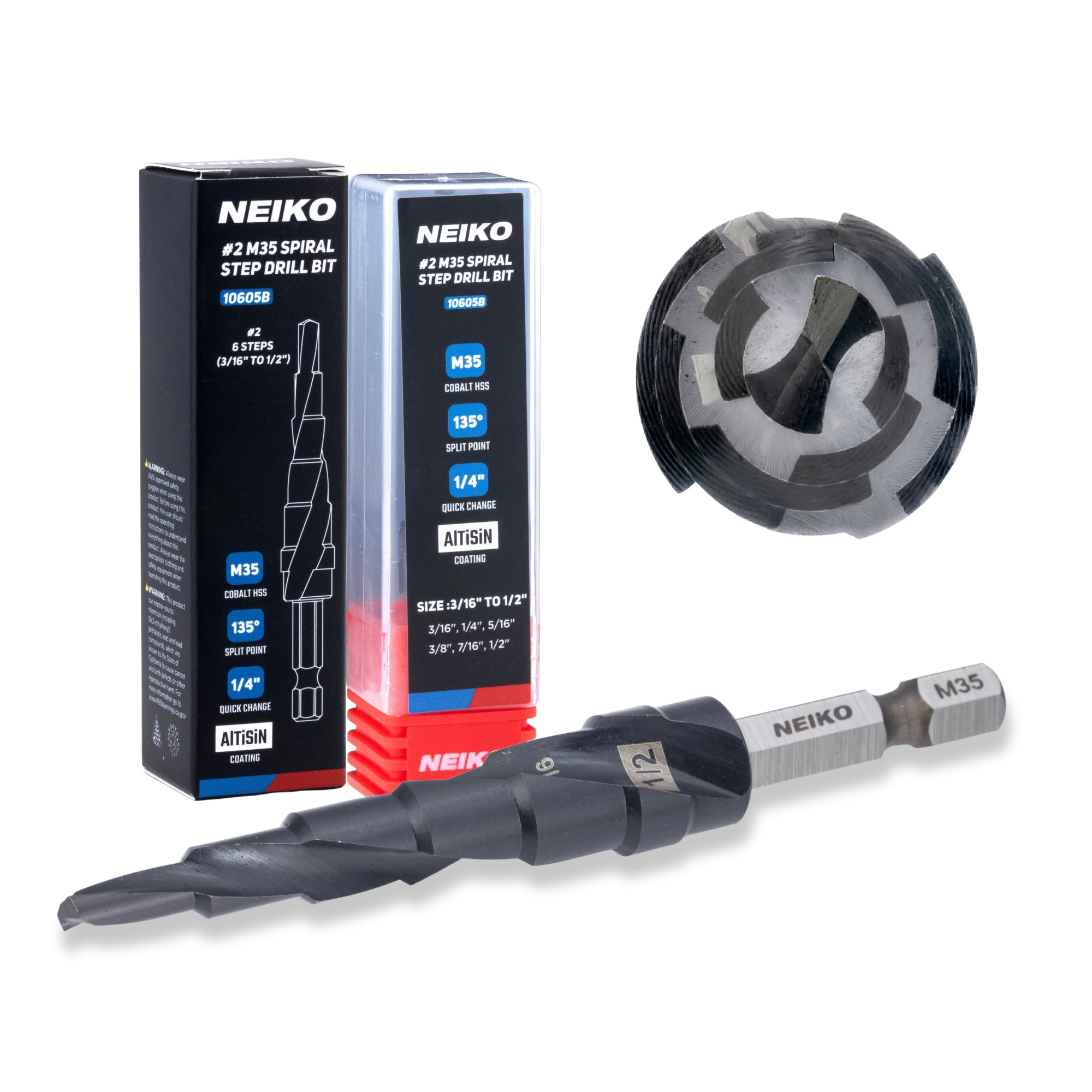 NEIKO 10605B Step Drill Bit, 6 Steps 3/16" to 1/2" Spiral M35 Cobalt, AlTiSiN Coated, 1/4" Quick Change Step Bits for Steel, Metal, Wood, Plastic, Unibit Cone Drill Bits, Two Flute