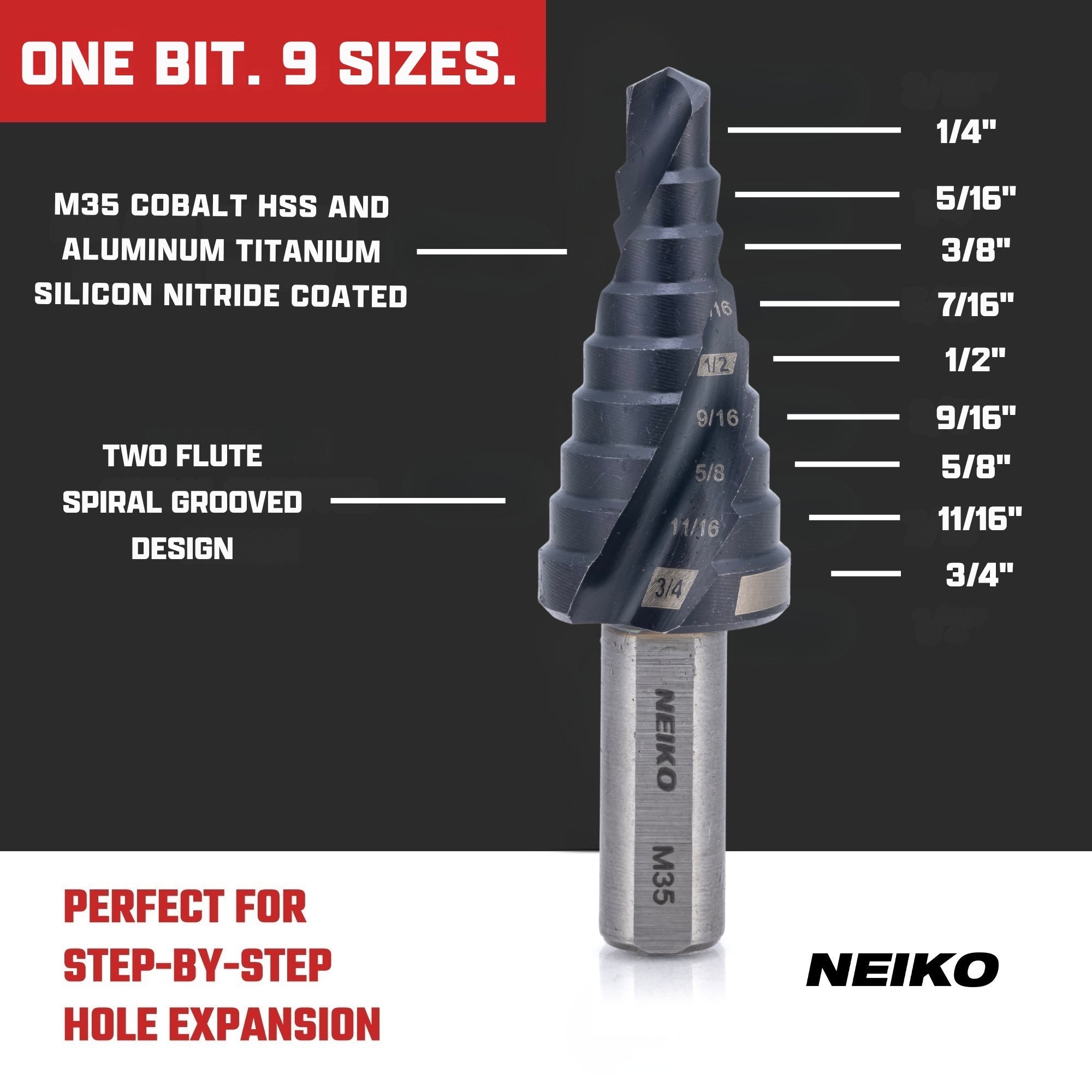 NEIKO 10606B Step Drill Bit, 9 Steps 1/4" to 3/4" Spiral M35 Cobalt, AlTiSiN Coated, 3/8" Tri-Flat Step Bits for Steel, Metal, Wood, Plastic, Unibit Cone Drill Bits, Two Flute