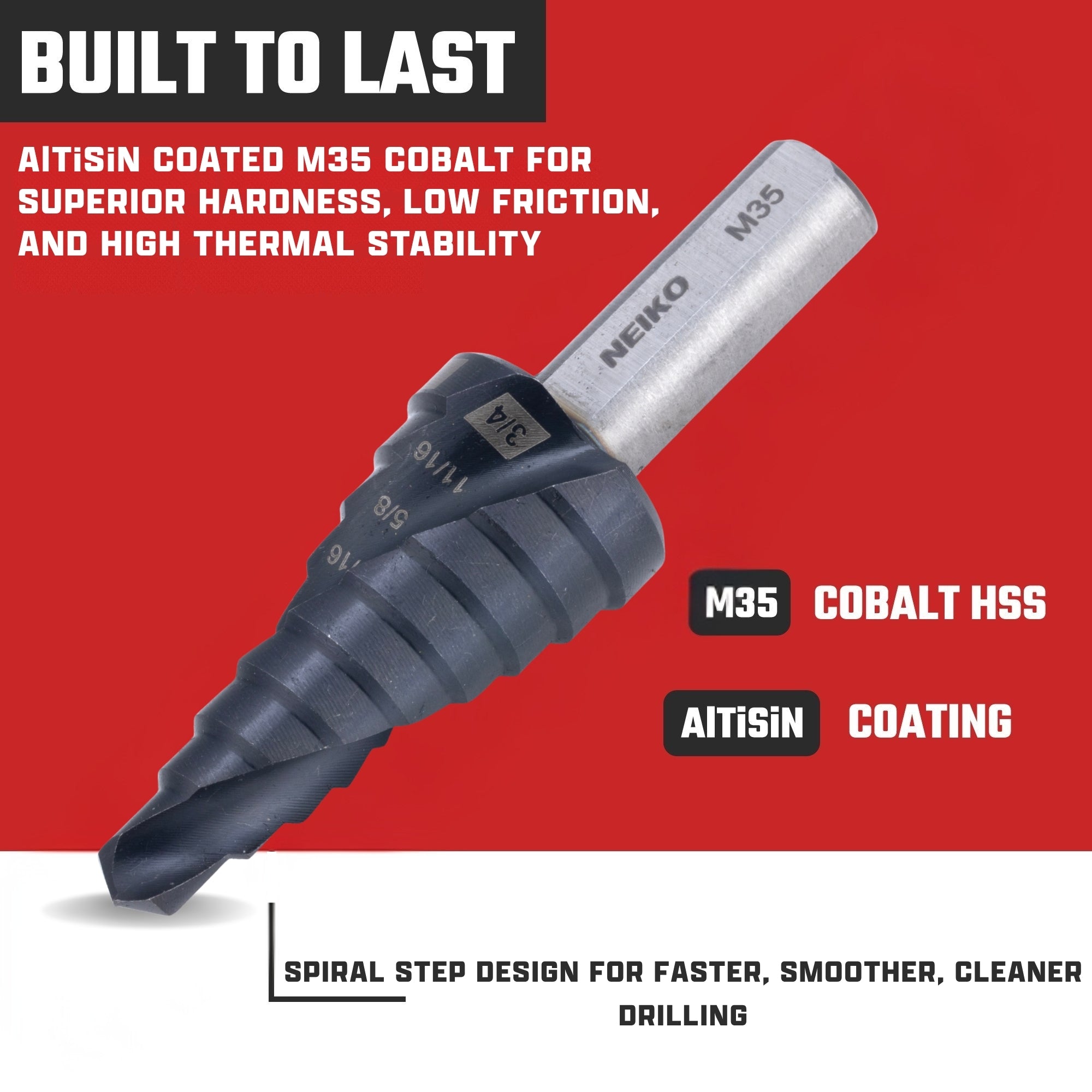 NEIKO 10606B Step Drill Bit, 9 Steps 1/4" to 3/4" Spiral M35 Cobalt, AlTiSiN Coated, 3/8" Tri-Flat Step Bits for Steel, Metal, Wood, Plastic, Unibit Cone Drill Bits, Two Flute