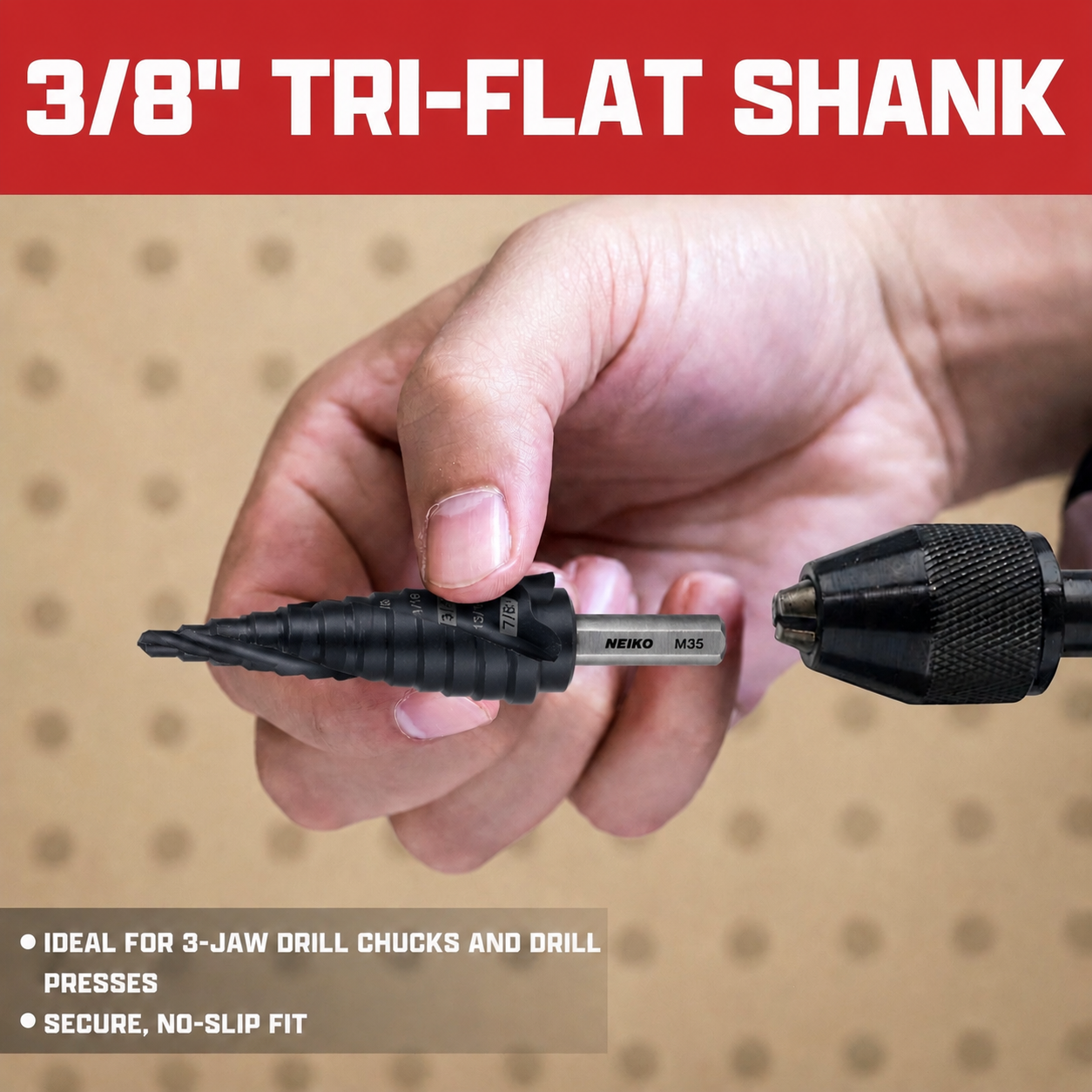 NEIKO 10606B Step Drill Bit, 9 Steps 1/4" to 3/4" Spiral M35 Cobalt, AlTiSiN Coated, 3/8" Tri-Flat Step Bits for Steel, Metal, Wood, Plastic, Unibit Cone Drill Bits, Two Flute