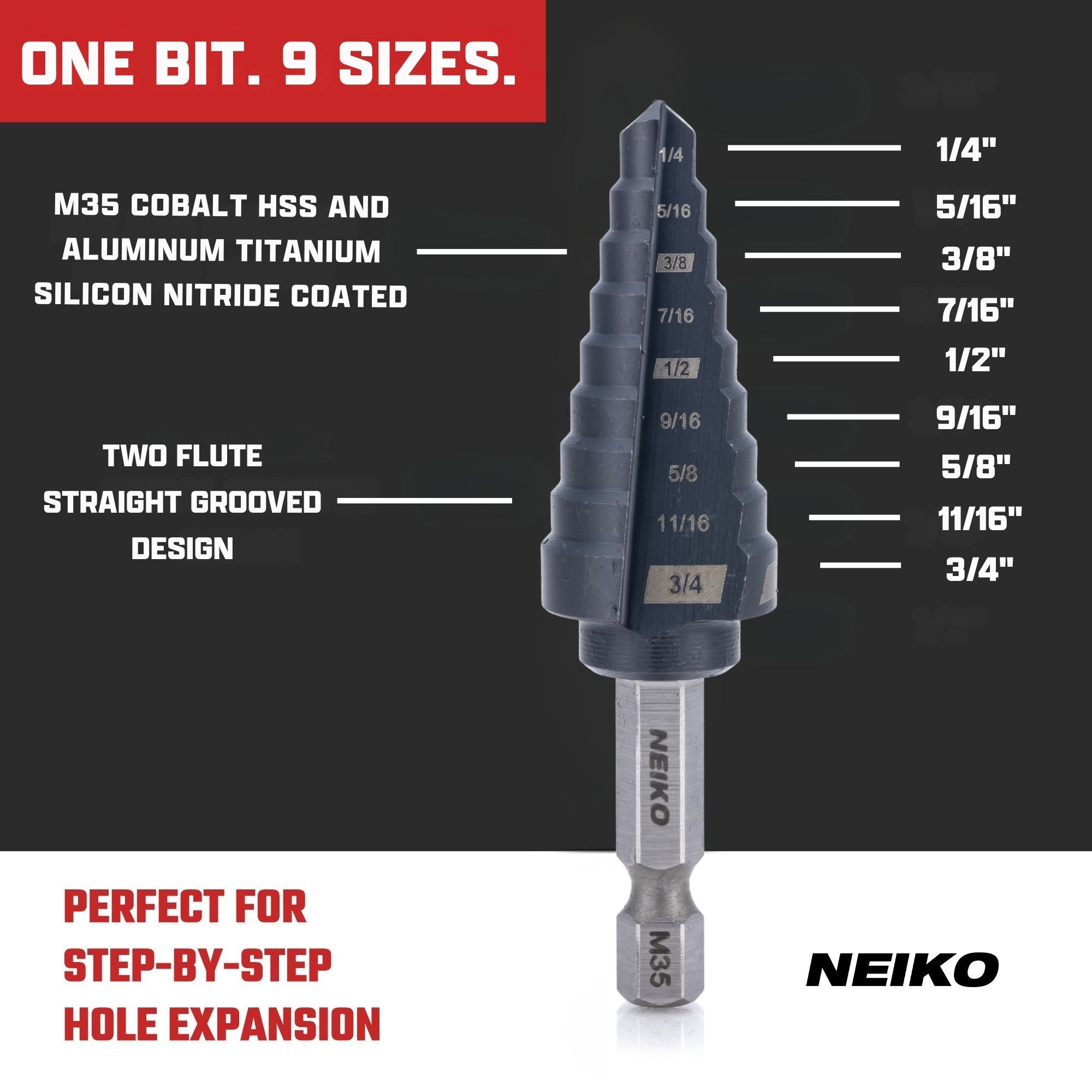 NEIKO 10607B Step Drill Bit, 9 Steps 1/4" to 3/4" Straight M35 Cobalt, AlTiSiN Coated, 1/4" Quick Change Step Bits for Steel, Metal, Wood, Plastic, Unibit Cone Drill Bits, Two Flute