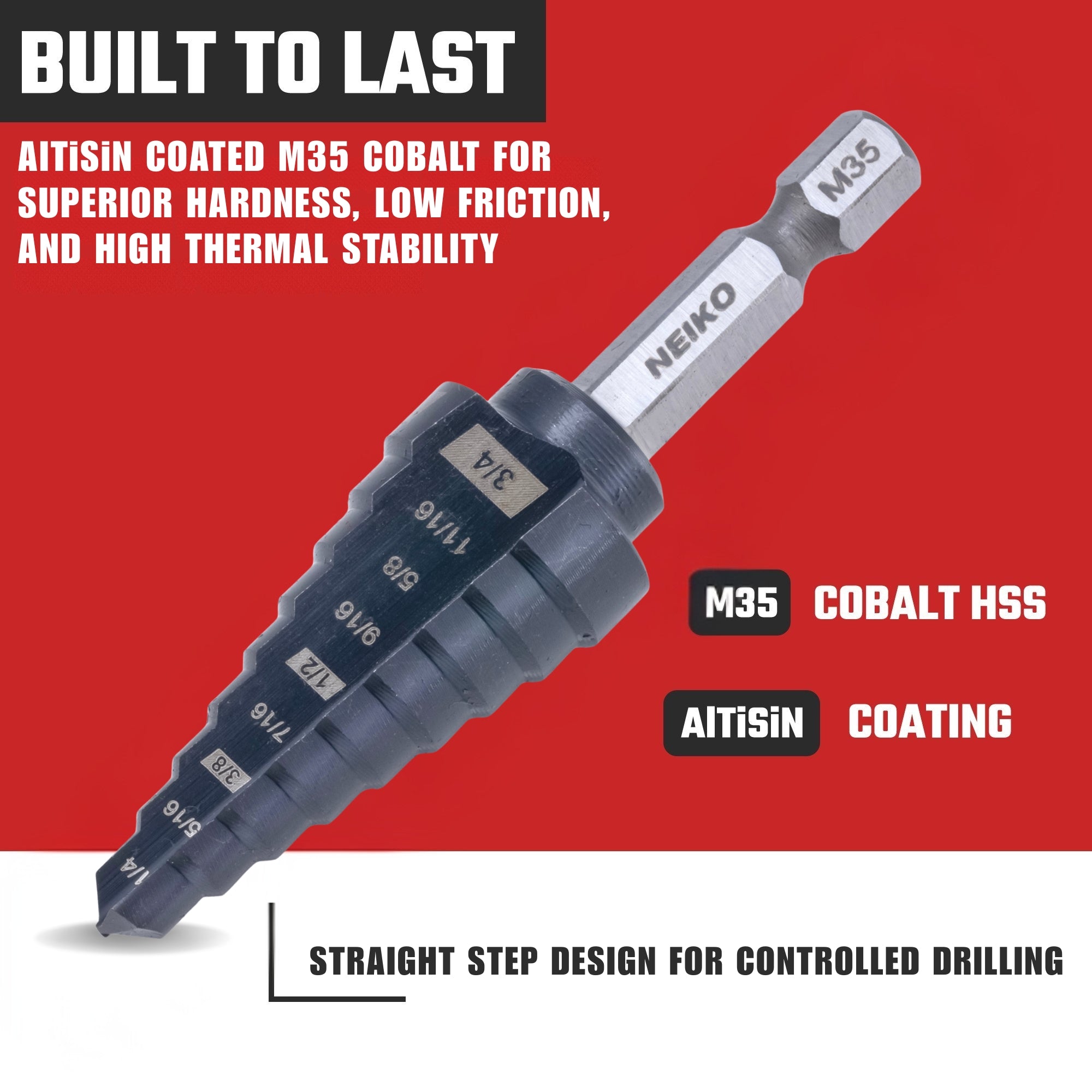 NEIKO 10607B Step Drill Bit, 9 Steps 1/4" to 3/4" Straight M35 Cobalt, AlTiSiN Coated, 1/4" Quick Change Step Bits for Steel, Metal, Wood, Plastic, Unibit Cone Drill Bits, Two Flute