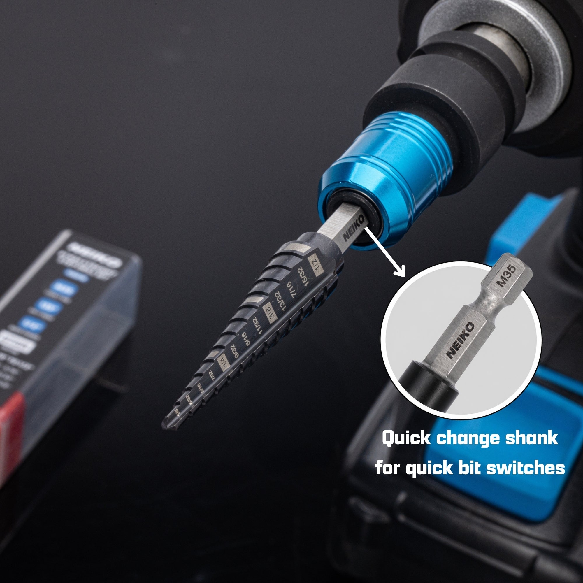 NEIKO 10607B Step Drill Bit, 9 Steps 1/4" to 3/4" Straight M35 Cobalt, AlTiSiN Coated, 1/4" Quick Change Step Bits for Steel, Metal, Wood, Plastic, Unibit Cone Drill Bits, Two Flute