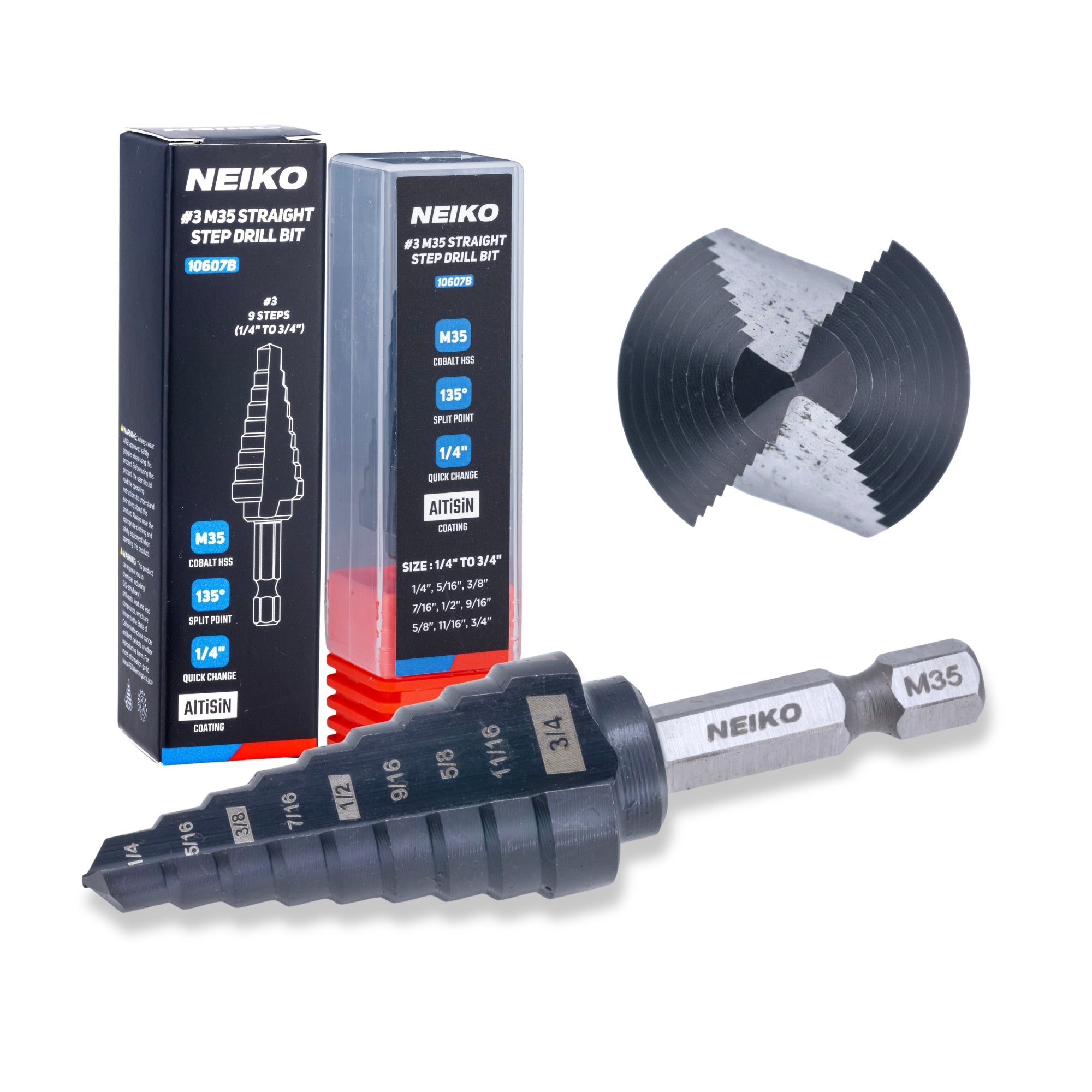 NEIKO 10607B Step Drill Bit, 9 Steps 1/4" to 3/4" Straight M35 Cobalt, AlTiSiN Coated, 1/4" Quick Change Step Bits for Steel, Metal, Wood, Plastic, Unibit Cone Drill Bits, Two Flute