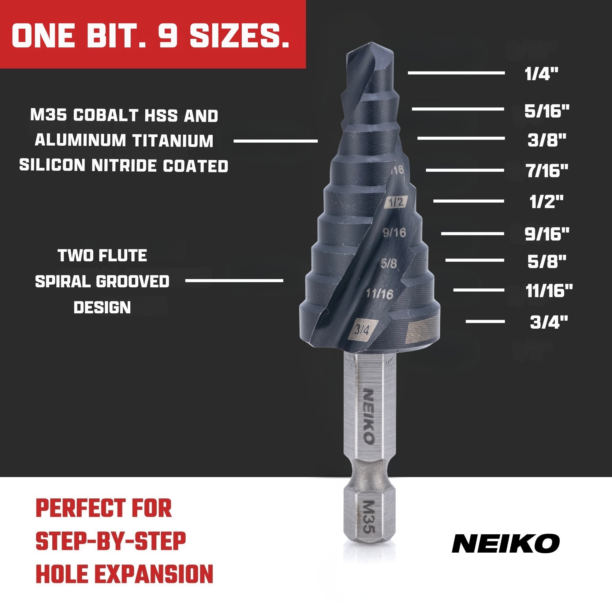 NEIKO 10608B Step Drill Bit, 9 Steps 1/4" to 3/4" Spiral M35 Cobalt, AlTiSiN Coated, 1/4" Quick Change Step Bits for Steel, Metal, Wood, Plastic, Unibit Cone Drill Bits, Two Flute