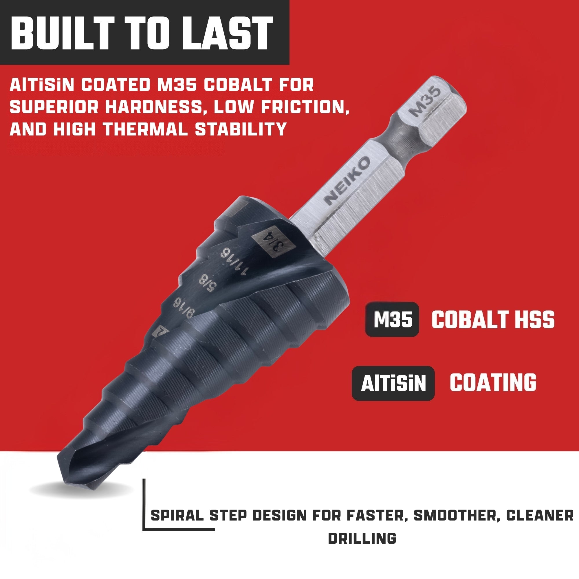 NEIKO 10608B Step Drill Bit, 9 Steps 1/4" to 3/4" Spiral M35 Cobalt, AlTiSiN Coated, 1/4" Quick Change Step Bits for Steel, Metal, Wood, Plastic, Unibit Cone Drill Bits, Two Flute