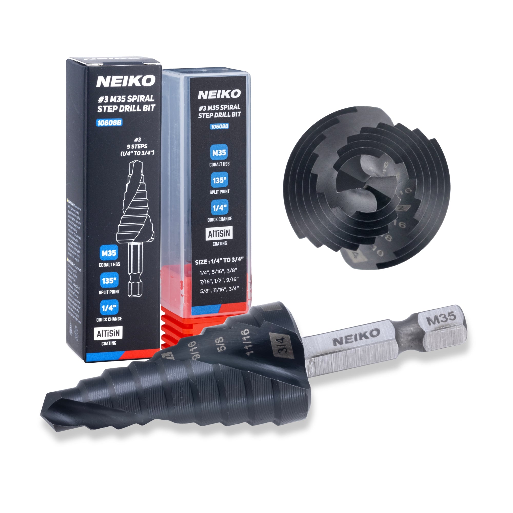 NEIKO 10608B Step Drill Bit, 9 Steps 1/4" to 3/4" Spiral M35 Cobalt, AlTiSiN Coated, 1/4" Quick Change Step Bits for Steel, Metal, Wood, Plastic, Unibit Cone Drill Bits, Two Flute
