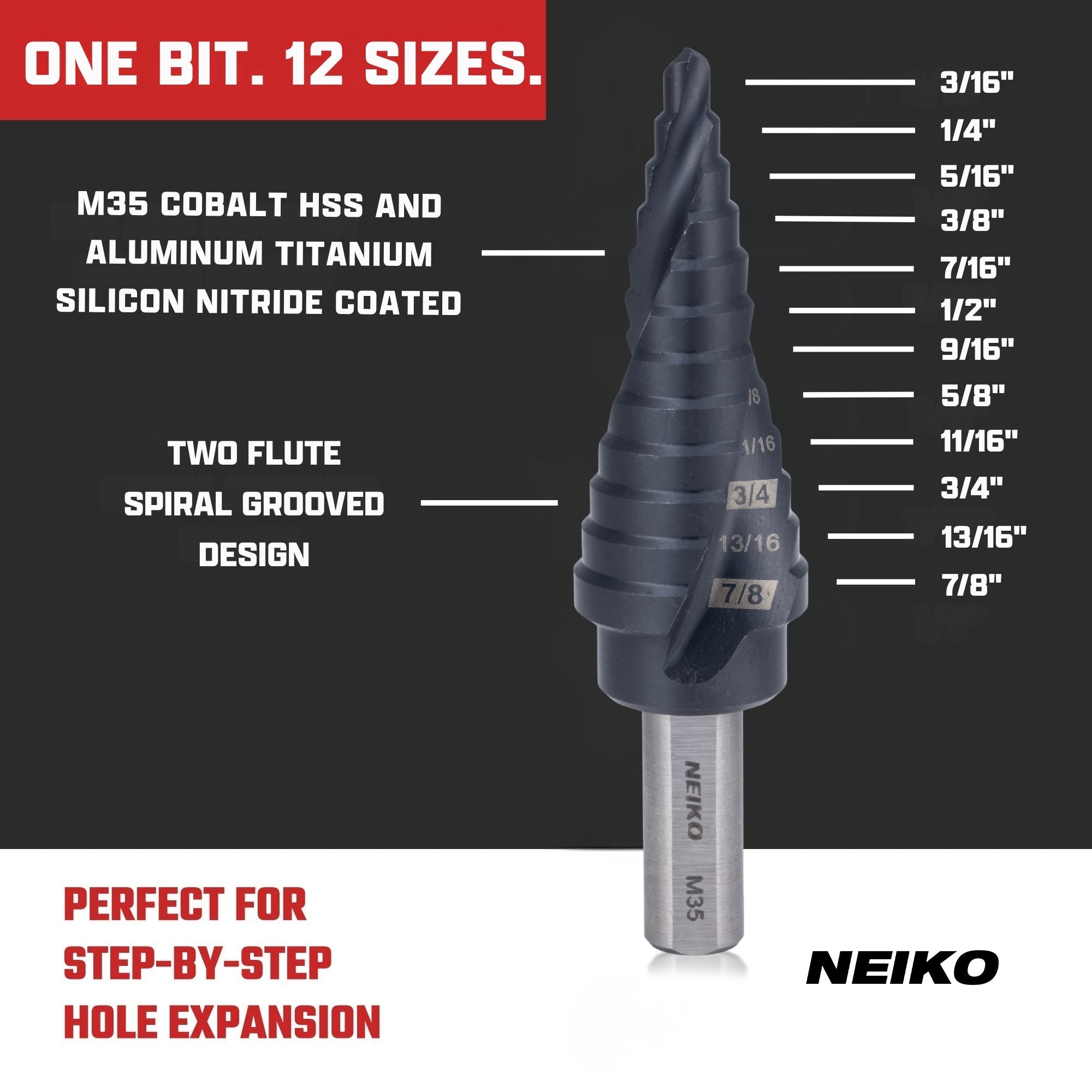 NEIKO 10609B Step Drill Bit, 12 Steps 3/16" to 7/8" Spiral M35 Cobalt, AlTiSiN Coated, 3/8" Tri-Flat Step Bits for Steel, Metal, Wood, Plastic, Unibit Cone Drill Bits, Two Flute