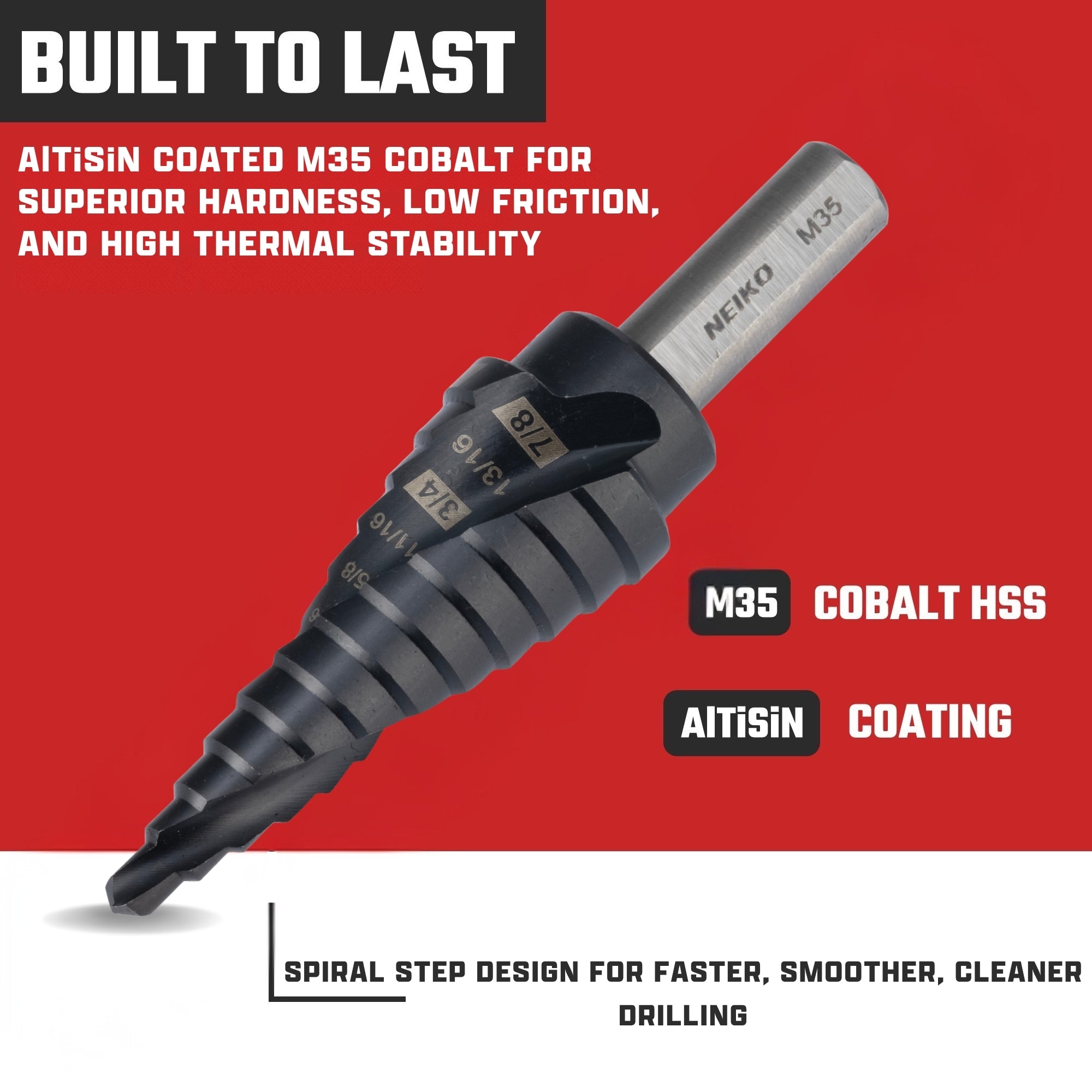 NEIKO 10609B Step Drill Bit, 12 Steps 3/16" to 7/8" Spiral M35 Cobalt, AlTiSiN Coated, 3/8" Tri-Flat Step Bits for Steel, Metal, Wood, Plastic, Unibit Cone Drill Bits, Two Flute