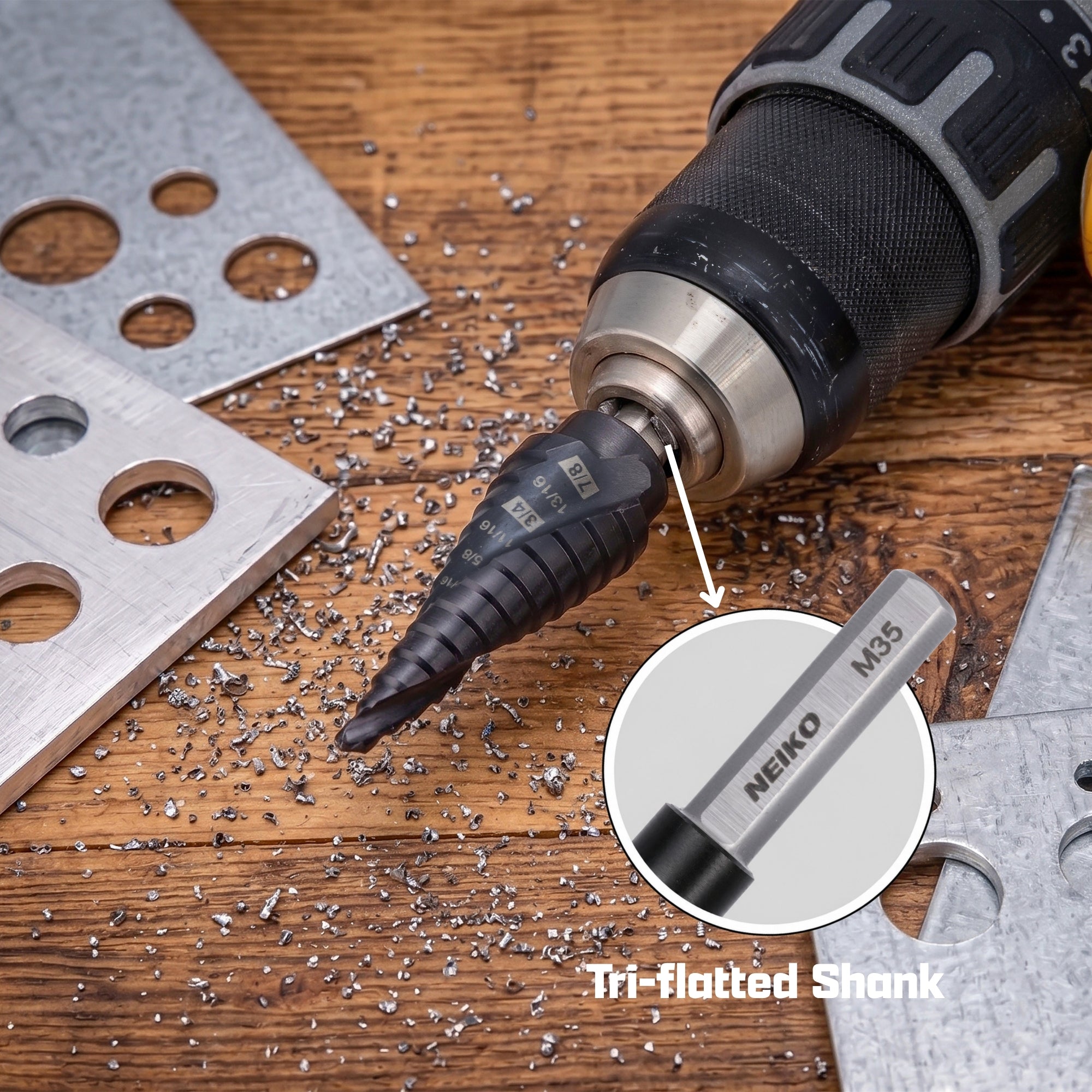 NEIKO 10609B Step Drill Bit, 12 Steps 3/16" to 7/8" Spiral M35 Cobalt, AlTiSiN Coated, 3/8" Tri-Flat Step Bits for Steel, Metal, Wood, Plastic, Unibit Cone Drill Bits, Two Flute