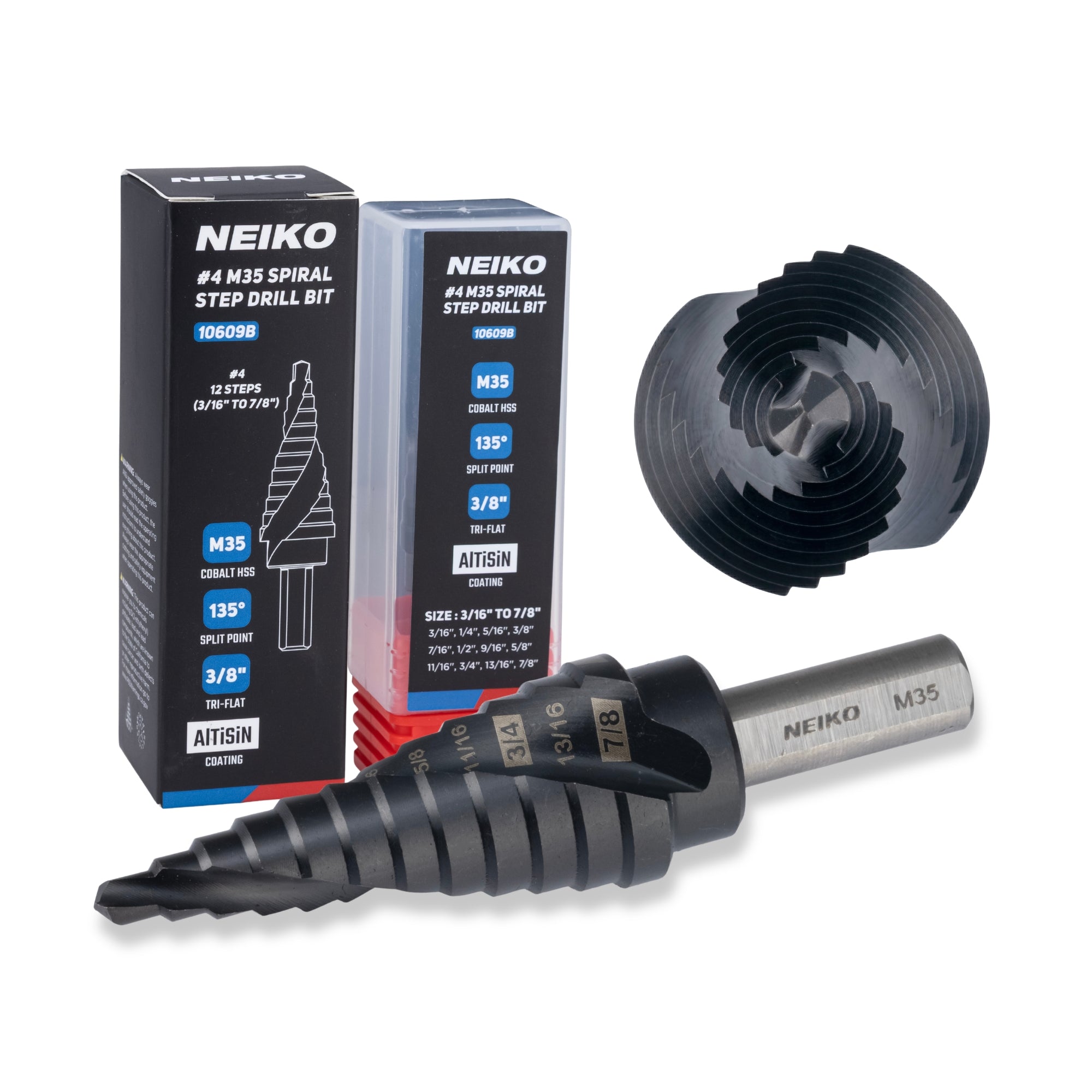 NEIKO 10609B Step Drill Bit, 12 Steps 3/16" to 7/8" Spiral M35 Cobalt, AlTiSiN Coated, 3/8" Tri-Flat Step Bits for Steel, Metal, Wood, Plastic, Unibit Cone Drill Bits, Two Flute