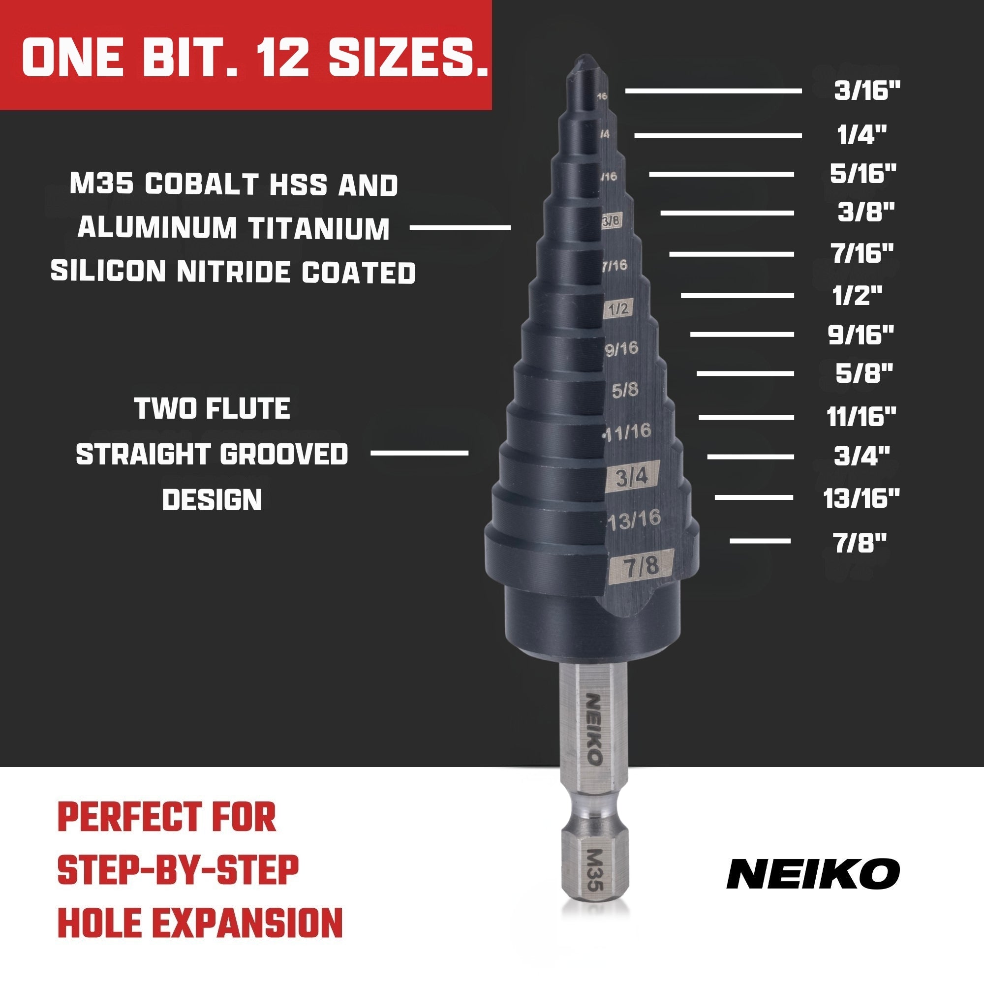 NEIKO 10610B Step Drill Bit, 12 Steps 3/16" to 7/8" Straight M35 Cobalt, AlTiSiN Coated, 1/4" Quick Change Step Bits for Steel, Metal, Wood, Plastic, Unibit Cone Drill Bits, Two Flute