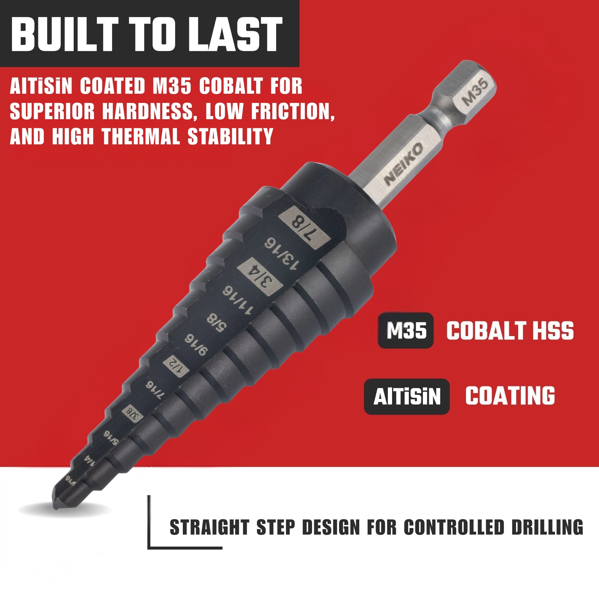 NEIKO 10610B Step Drill Bit, 12 Steps 3/16" to 7/8" Straight M35 Cobalt, AlTiSiN Coated, 1/4" Quick Change Step Bits for Steel, Metal, Wood, Plastic, Unibit Cone Drill Bits, Two Flute