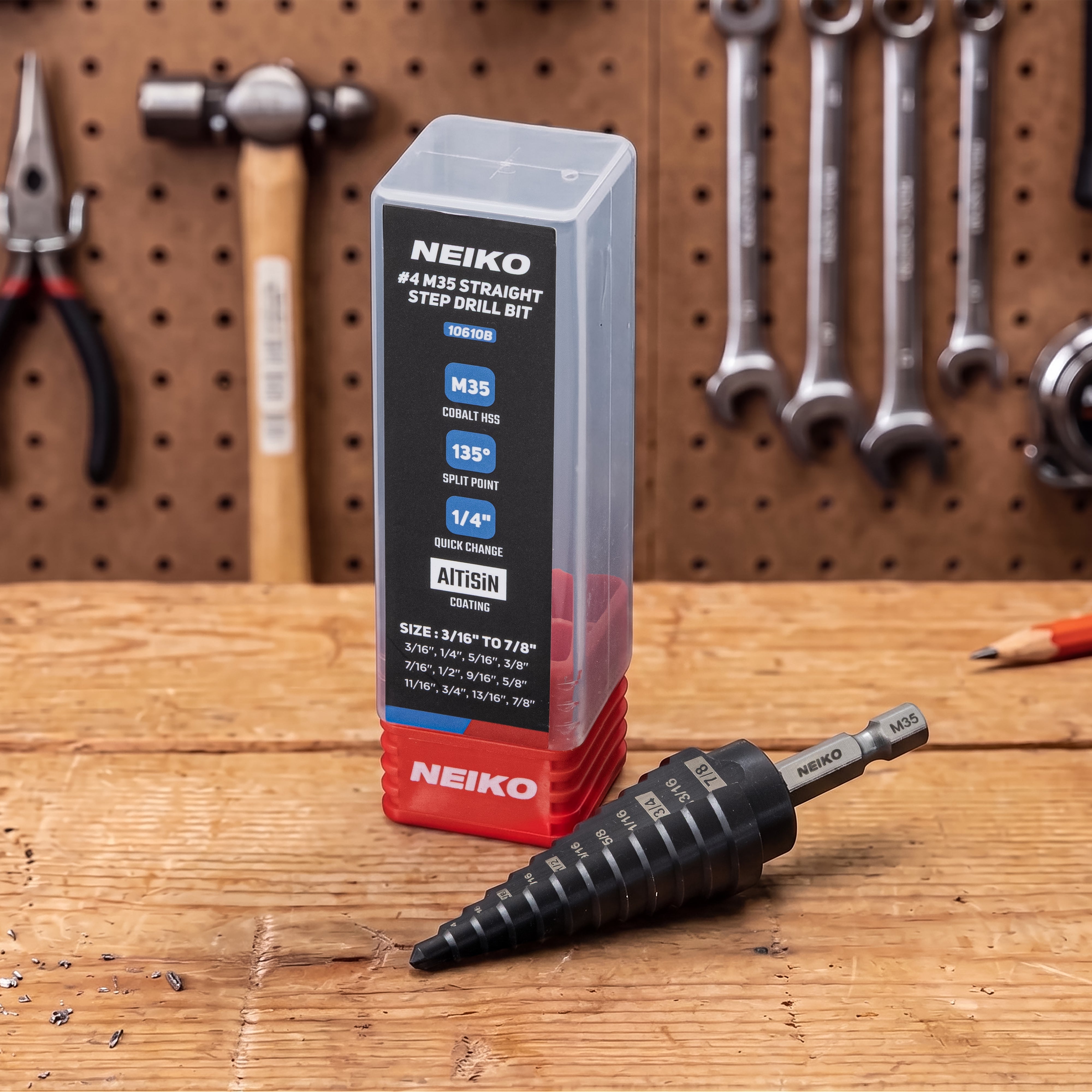NEIKO 10610B Step Drill Bit, 12 Steps 3/16" to 7/8" Straight M35 Cobalt, AlTiSiN Coated, 1/4" Quick Change Step Bits for Steel, Metal, Wood, Plastic, Unibit Cone Drill Bits, Two Flute