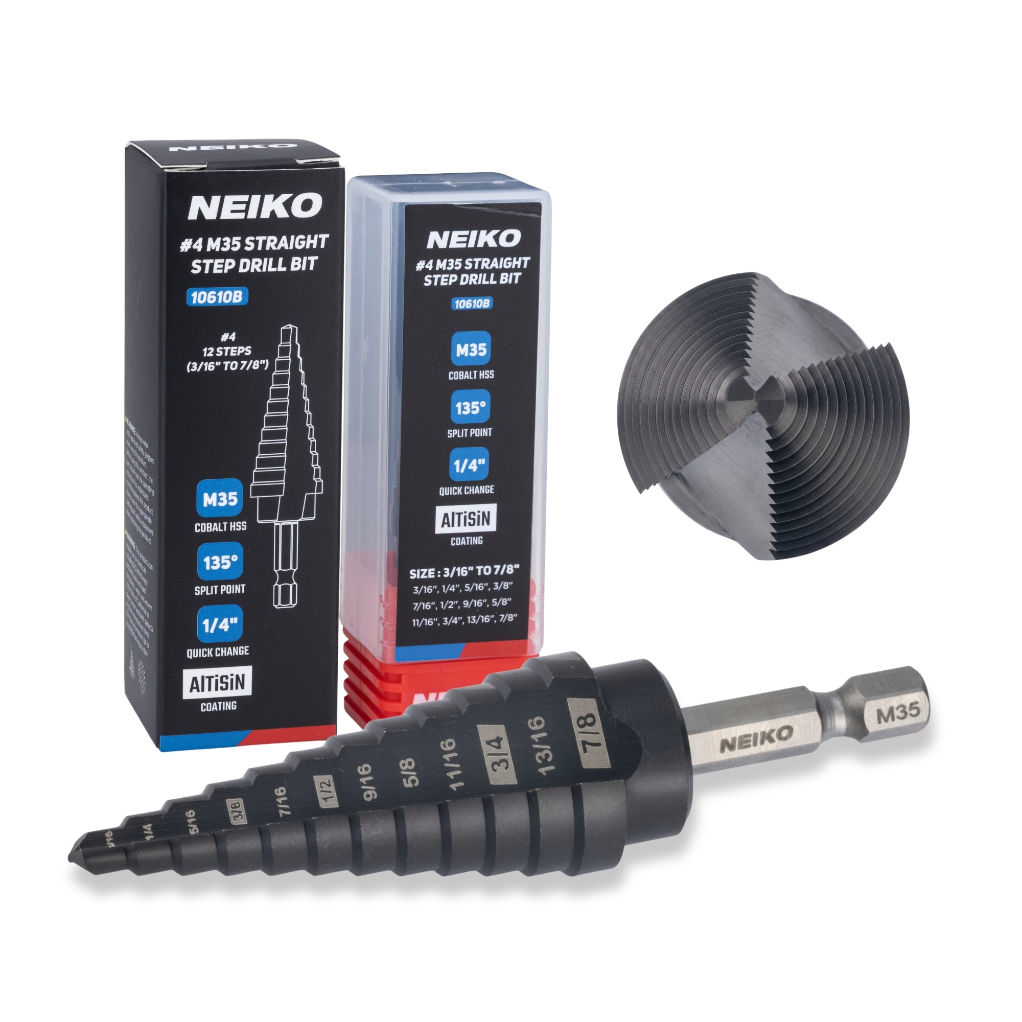 NEIKO 10610B Step Drill Bit, 12 Steps 3/16" to 7/8" Straight M35 Cobalt, AlTiSiN Coated, 1/4" Quick Change Step Bits for Steel, Metal, Wood, Plastic, Unibit Cone Drill Bits, Two Flute
