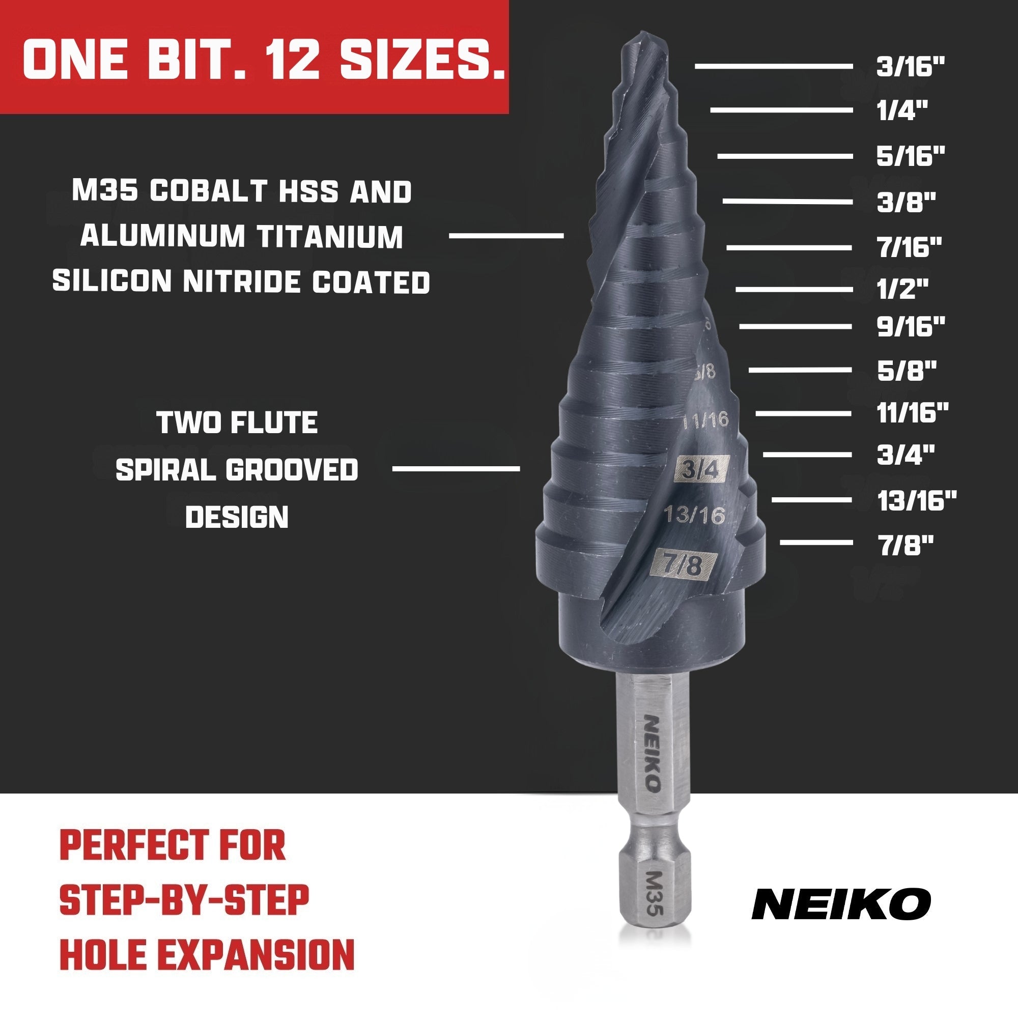 NEIKO 10611B Step Drill Bit, 12 Steps 3/16" to 7/8" Spiral M35 Cobalt, AlTiSiN Coated, 1/4" Quick Change Step Bits for Steel, Metal, Wood, Plastic, Unibit Cone Drill Bits, Two Flute