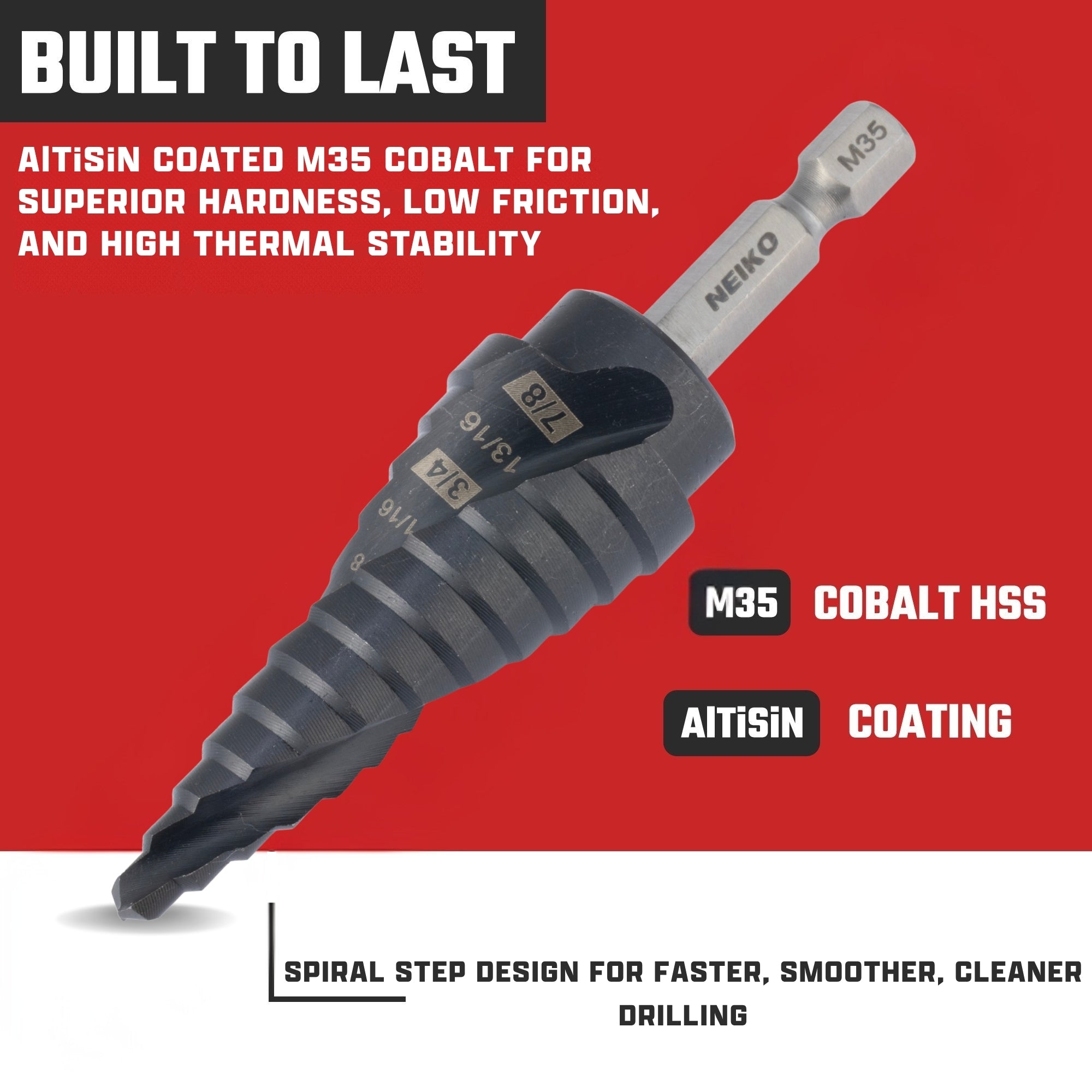 NEIKO 10611B Step Drill Bit, 12 Steps 3/16" to 7/8" Spiral M35 Cobalt, AlTiSiN Coated, 1/4" Quick Change Step Bits for Steel, Metal, Wood, Plastic, Unibit Cone Drill Bits, Two Flute