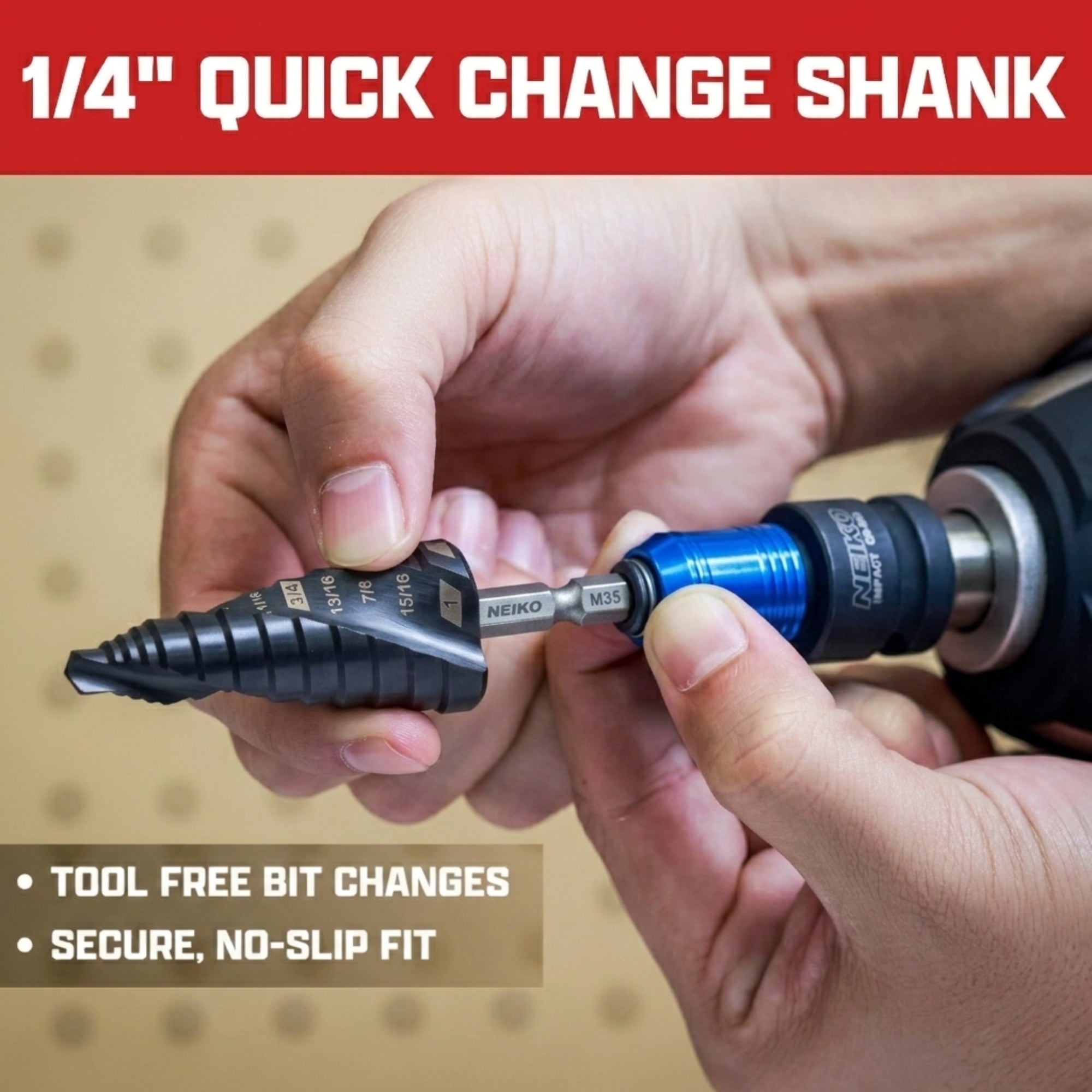 NEIKO 10611B Step Drill Bit, 12 Steps 3/16" to 7/8" Spiral M35 Cobalt, AlTiSiN Coated, 1/4" Quick Change Step Bits for Steel, Metal, Wood, Plastic, Unibit Cone Drill Bits, Two Flute