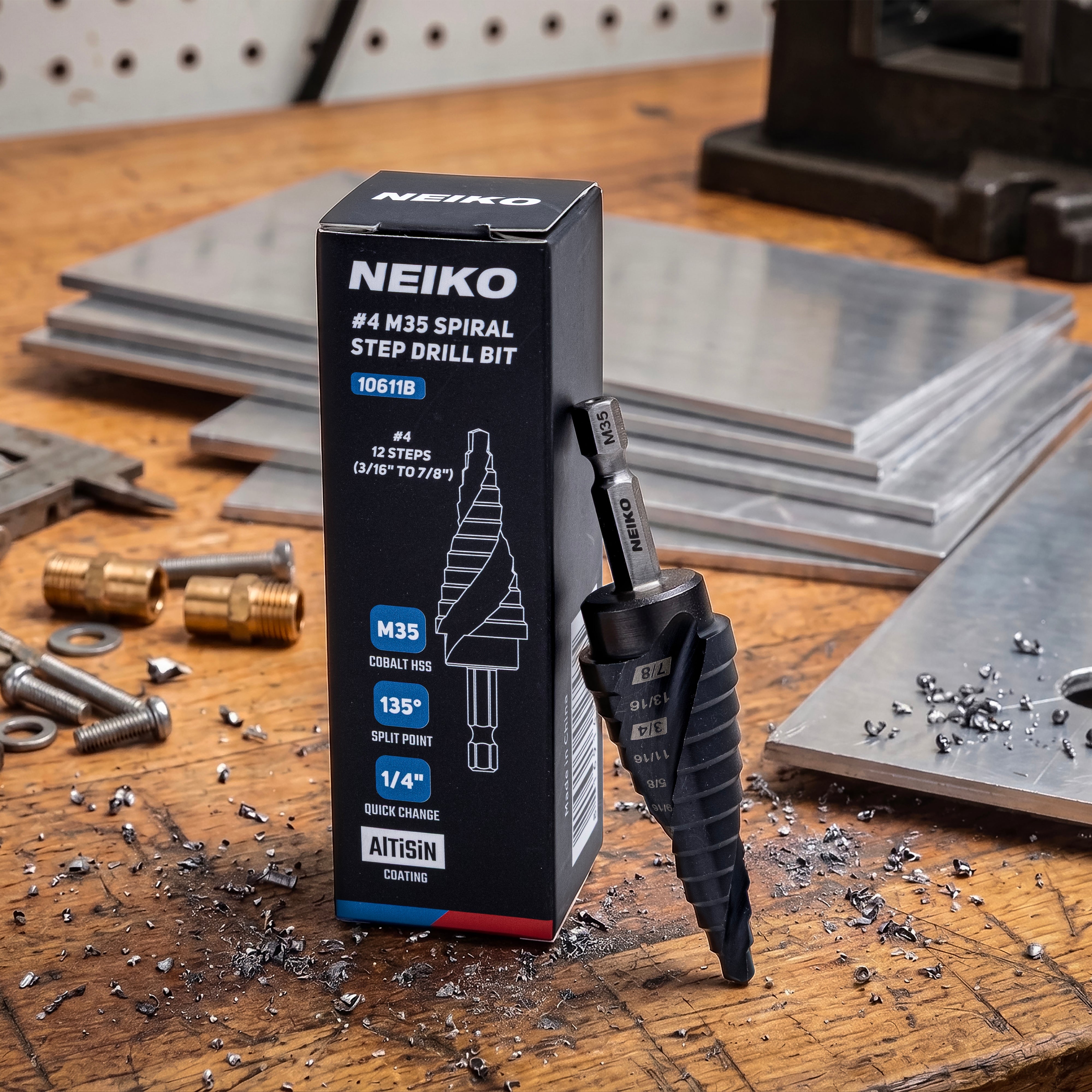NEIKO 10611B Step Drill Bit, 12 Steps 3/16" to 7/8" Spiral M35 Cobalt, AlTiSiN Coated, 1/4" Quick Change Step Bits for Steel, Metal, Wood, Plastic, Unibit Cone Drill Bits, Two Flute