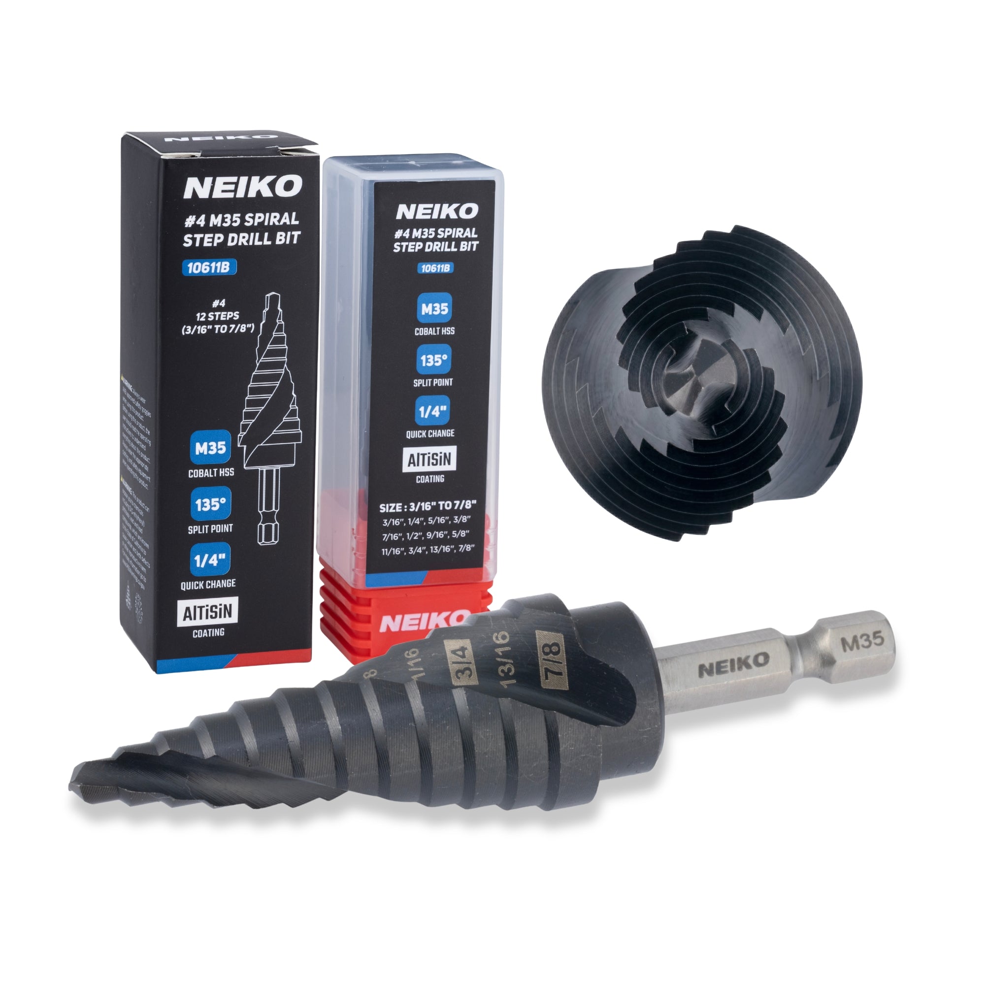NEIKO 10611B Step Drill Bit, 12 Steps 3/16" to 7/8" Spiral M35 Cobalt, AlTiSiN Coated, 1/4" Quick Change Step Bits for Steel, Metal, Wood, Plastic, Unibit Cone Drill Bits, Two Flute