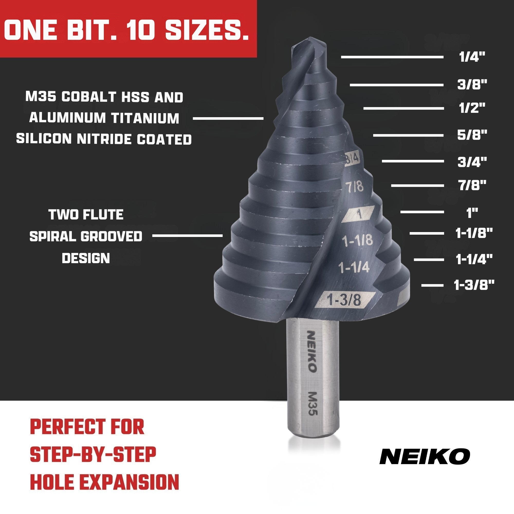 NEIKO 10612B Step Drill Bit, 10 Steps 1/4" to 1-3/8" Spiral M35 Cobalt, AlTiSiN Coated, 3/8" Tri-Flat Step Bits for Steel, Metal, Wood, Plastic, Unibit Cone Drill Bits, Two Flute