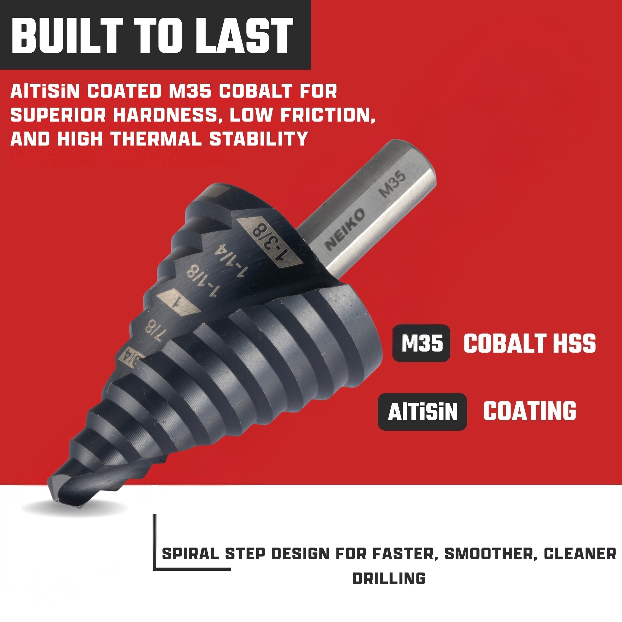 NEIKO 10612B Step Drill Bit, 10 Steps 1/4" to 1-3/8" Spiral M35 Cobalt, AlTiSiN Coated, 3/8" Tri-Flat Step Bits for Steel, Metal, Wood, Plastic, Unibit Cone Drill Bits, Two Flute