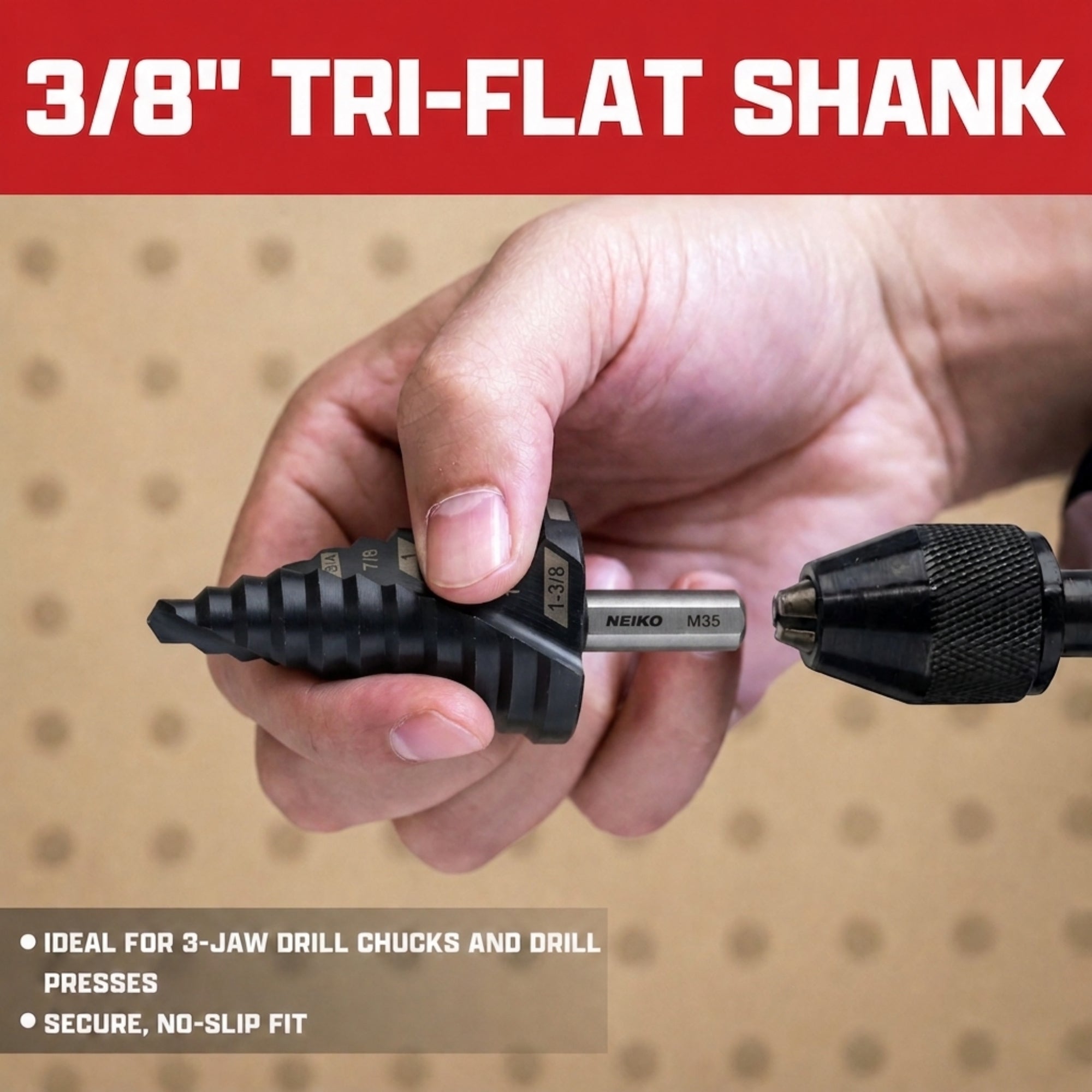 NEIKO 10612B Step Drill Bit, 10 Steps 1/4" to 1-3/8" Spiral M35 Cobalt, AlTiSiN Coated, 3/8" Tri-Flat Step Bits for Steel, Metal, Wood, Plastic, Unibit Cone Drill Bits, Two Flute