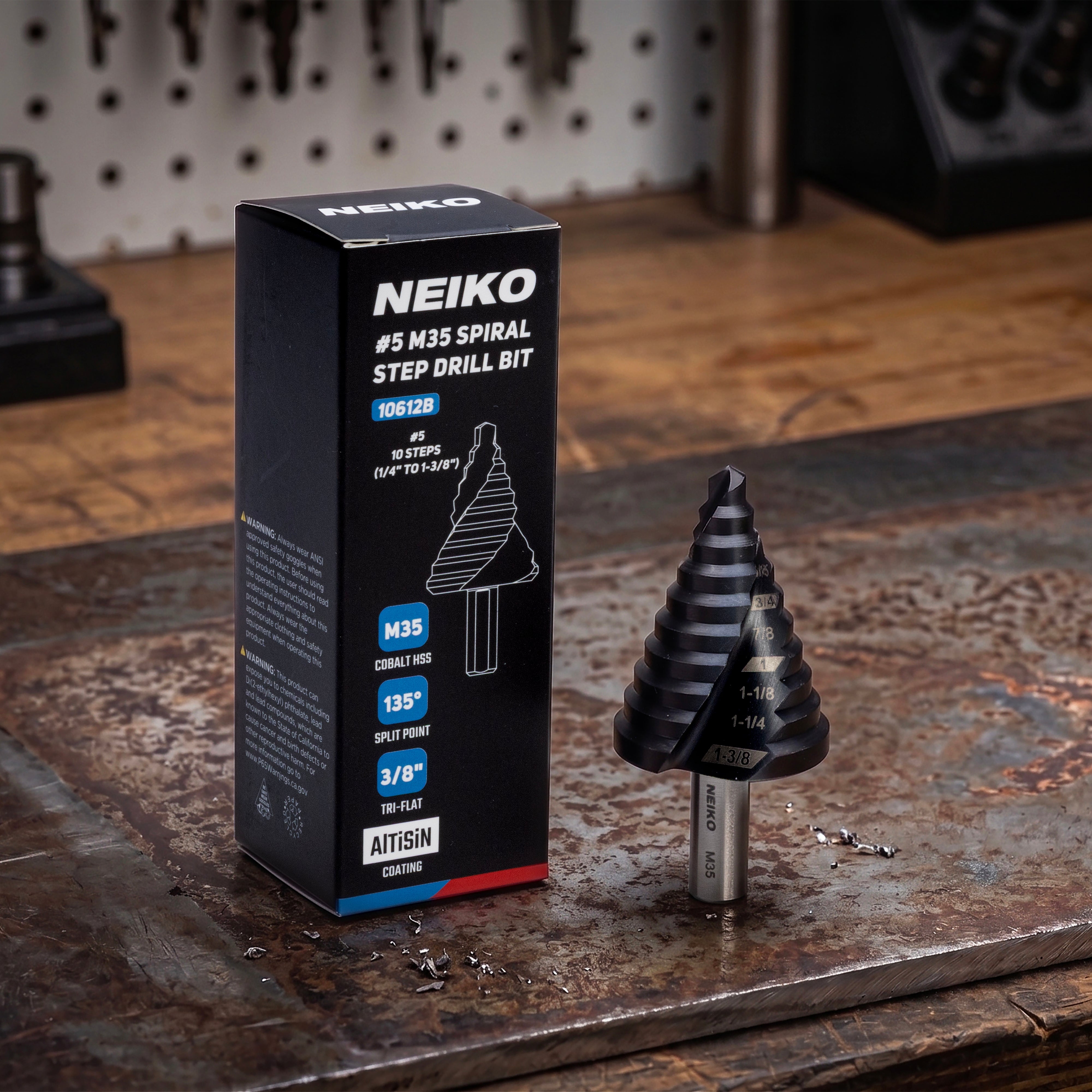 NEIKO 10612B Step Drill Bit, 10 Steps 1/4" to 1-3/8" Spiral M35 Cobalt, AlTiSiN Coated, 3/8" Tri-Flat Step Bits for Steel, Metal, Wood, Plastic, Unibit Cone Drill Bits, Two Flute