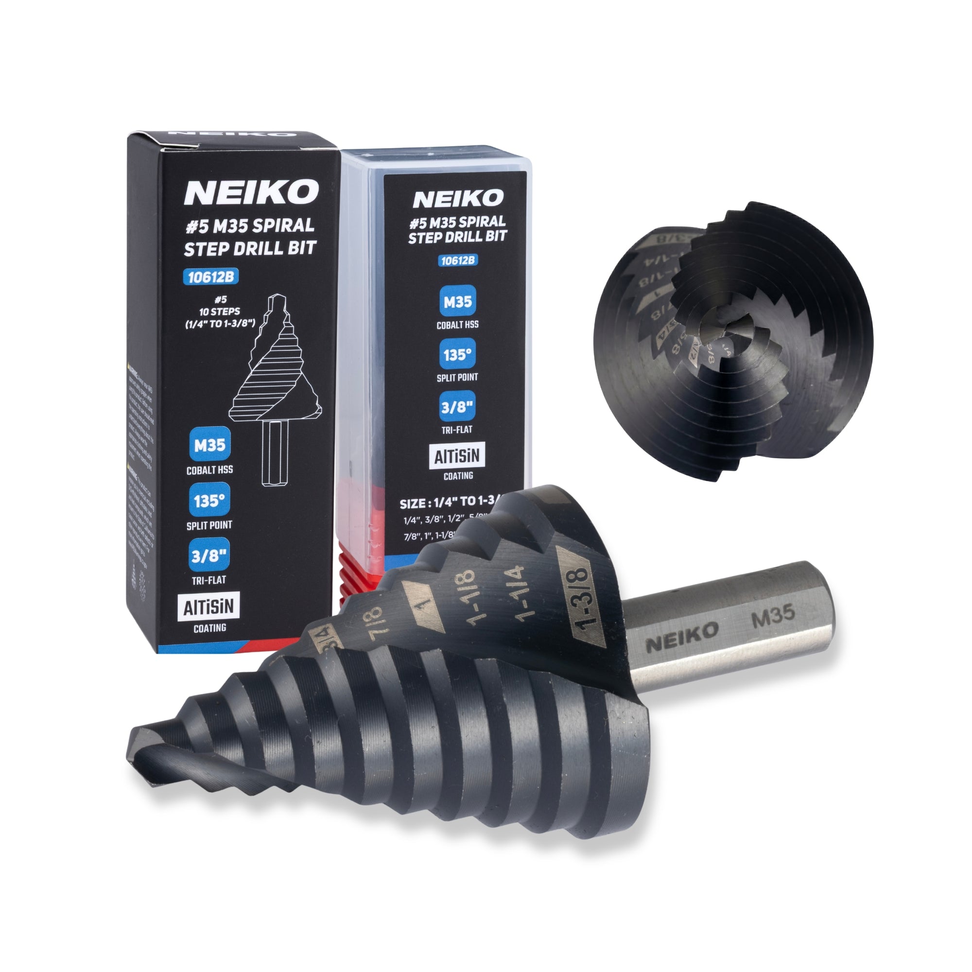 NEIKO 10612B Step Drill Bit, 10 Steps 1/4" to 1-3/8" Spiral M35 Cobalt, AlTiSiN Coated, 3/8" Tri-Flat Step Bits for Steel, Metal, Wood, Plastic, Unibit Cone Drill Bits, Two Flute