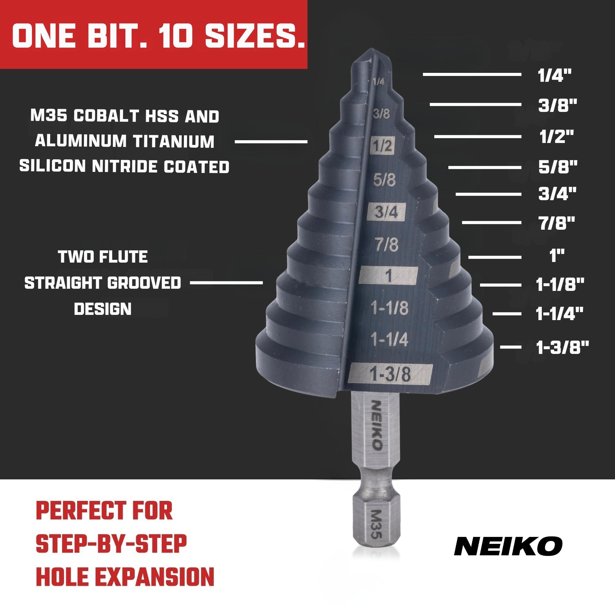 NEIKO 10613B Step Drill Bit, 10 Steps 1/4" to 1-3/8" Straight M35 Cobalt, AlTiSiN Coated, 1/4" Quick Change Step Bits for Steel, Metal, Wood, Plastic, Unibit Cone Drill Bits, Two Flute
